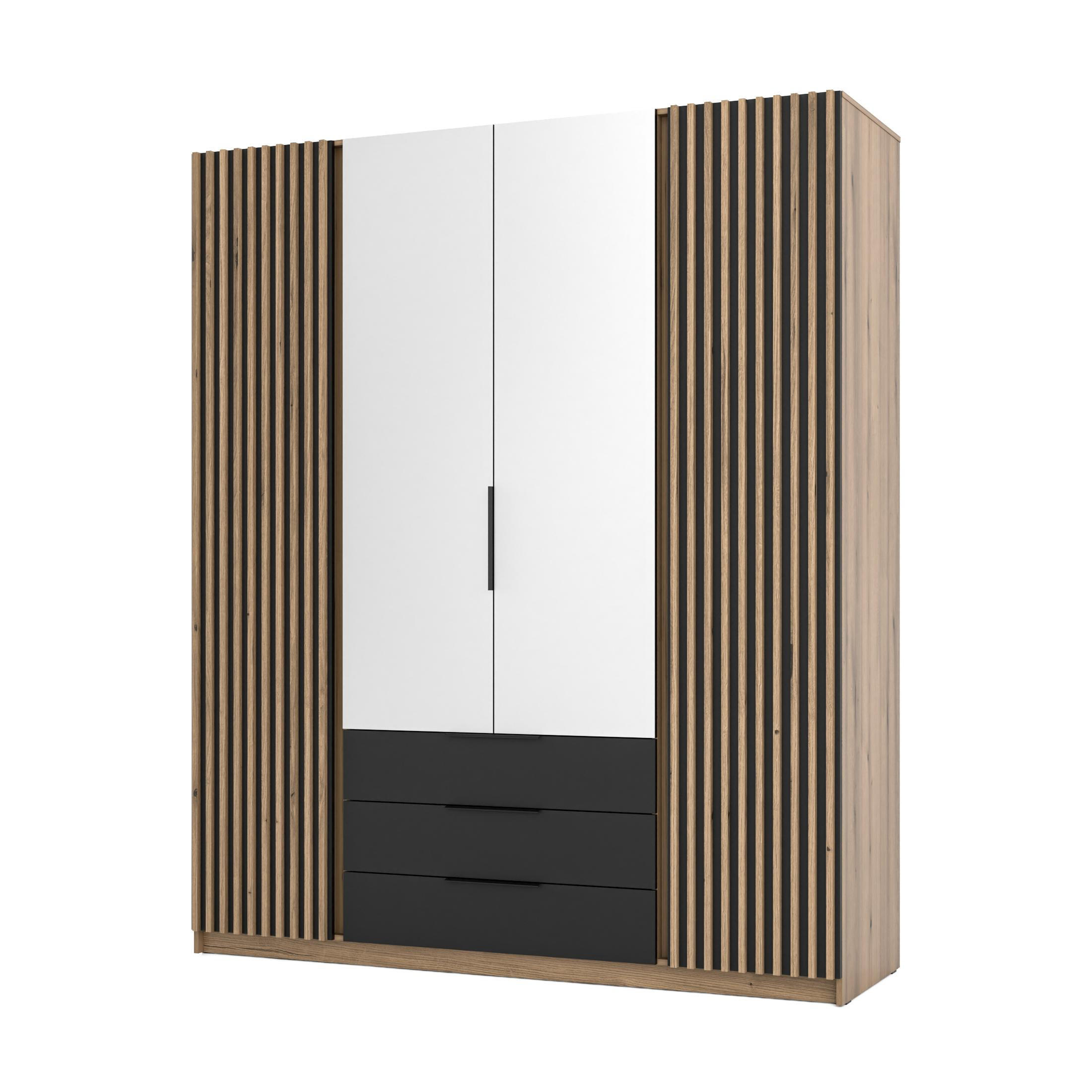 KLEIDERSCHRANK Nehir Korpus Eiche Evoke, Front Schwarz/Eiche Evoke 200 cm - 4T3S Modern mit Schubladen, Lamellentüren außen und Spiegeln mittig - Eichefarben/Schwarz, Holzwerkstoff/Kunststoff (200/239/61.9cm) - AX Living