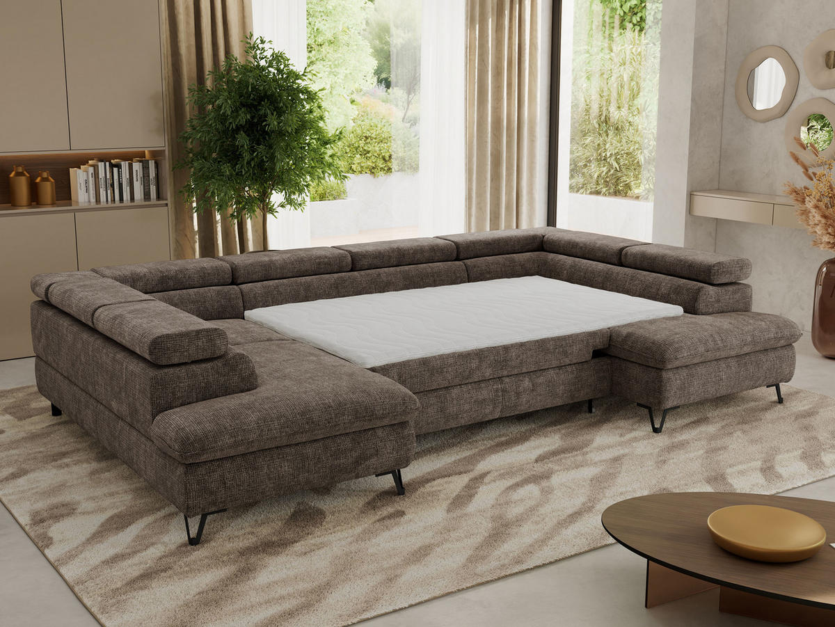 WOHNLANDSCHAFT PABLO U Schenille grob gewebt Braun mit Topper T25 - Schwarz/Braun, Textil/Metall (346/76/208cm) - MKS