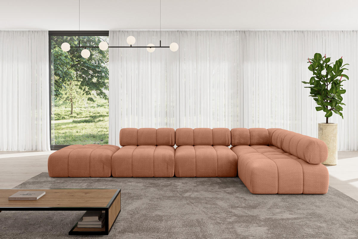 ECKSOFA modulares Sofa Favio-L2 - 380x190x70 cm Apricot Velours - Koralle, Holzwerkstoff/Textil (380/190cm) - ALTDECOR