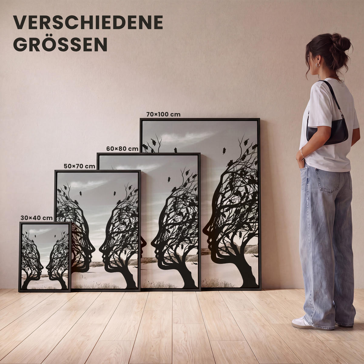 LEINWAND Bilder mit Rahmen - Strand - Meer - Menschen - Baum - Moderne Kunst - 70x100 - Hellgrau, Textil (70/100cm) - MuchoWow