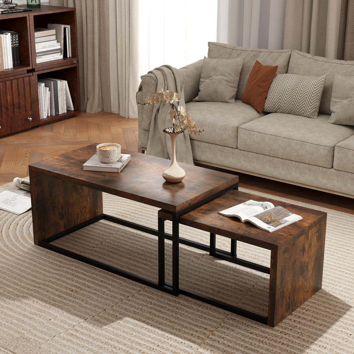 COUCHTISCH 2er-Set, verschiedene Formen, Schwarz+Braun - Braun, Metall (90/48/42cm) - HOMCOM