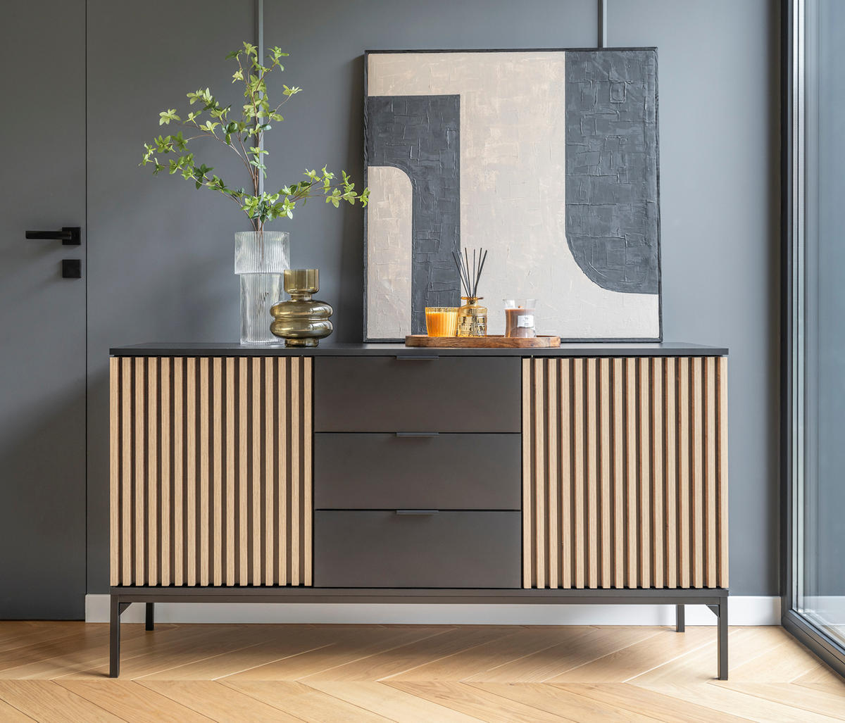KOMMODE - Meteor (Schwarz + Artisan) - Schwarz, Holzwerkstoff/Metall (150/80/40cm) - Möblo