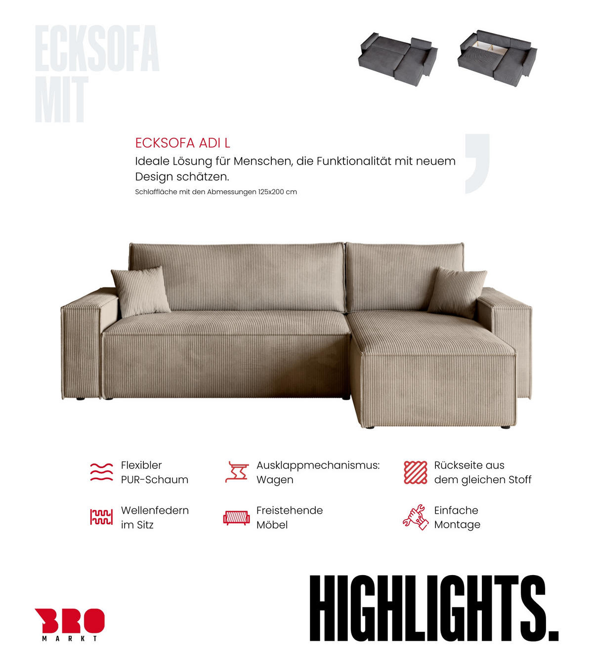 ECKSOFA ADI mit Schlaffunktion Beige Cord - Beige, Textil (244/143cm) - Bromarkt