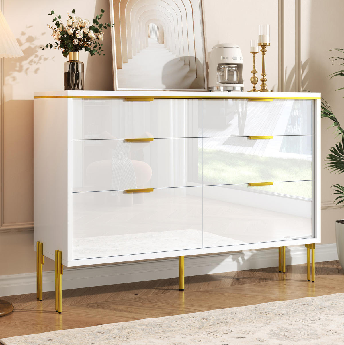 SIDEBOARD 120/40/85,5 cm mit 6 Schubladen und Hochglanzfronten, Weiß - Weiß, Holzwerkstoff (120/85.5/40cm) - Redom