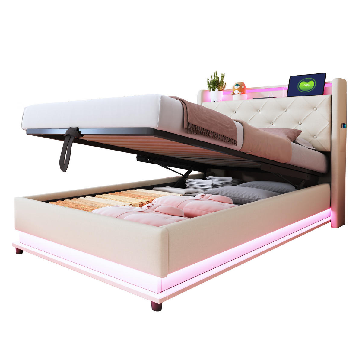 KINDER-POLSTERBETT 90x200 cm in Beige mit LED-Beleuchtung, USB-Anschlüssen und Stauraum - Beige, Textil (90/200cm) - IVMEU
