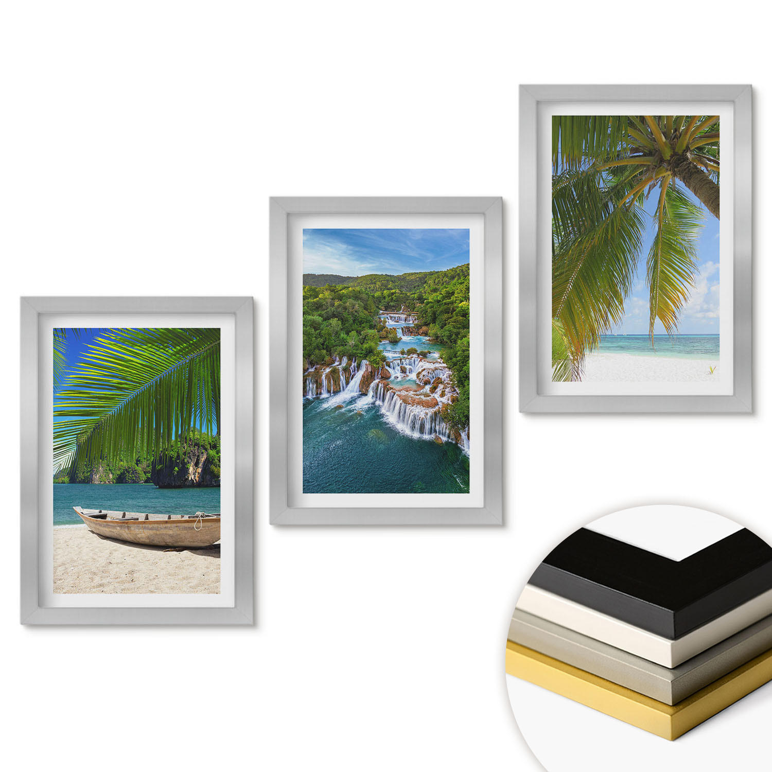 WANDBILDER 3er Set - 20x30 cm Silberner Rahmen - Strand, Boot, Wasserfälle, Palmen - Silberfarben, Kunststoff (20/30cm) - ArtPrintCave