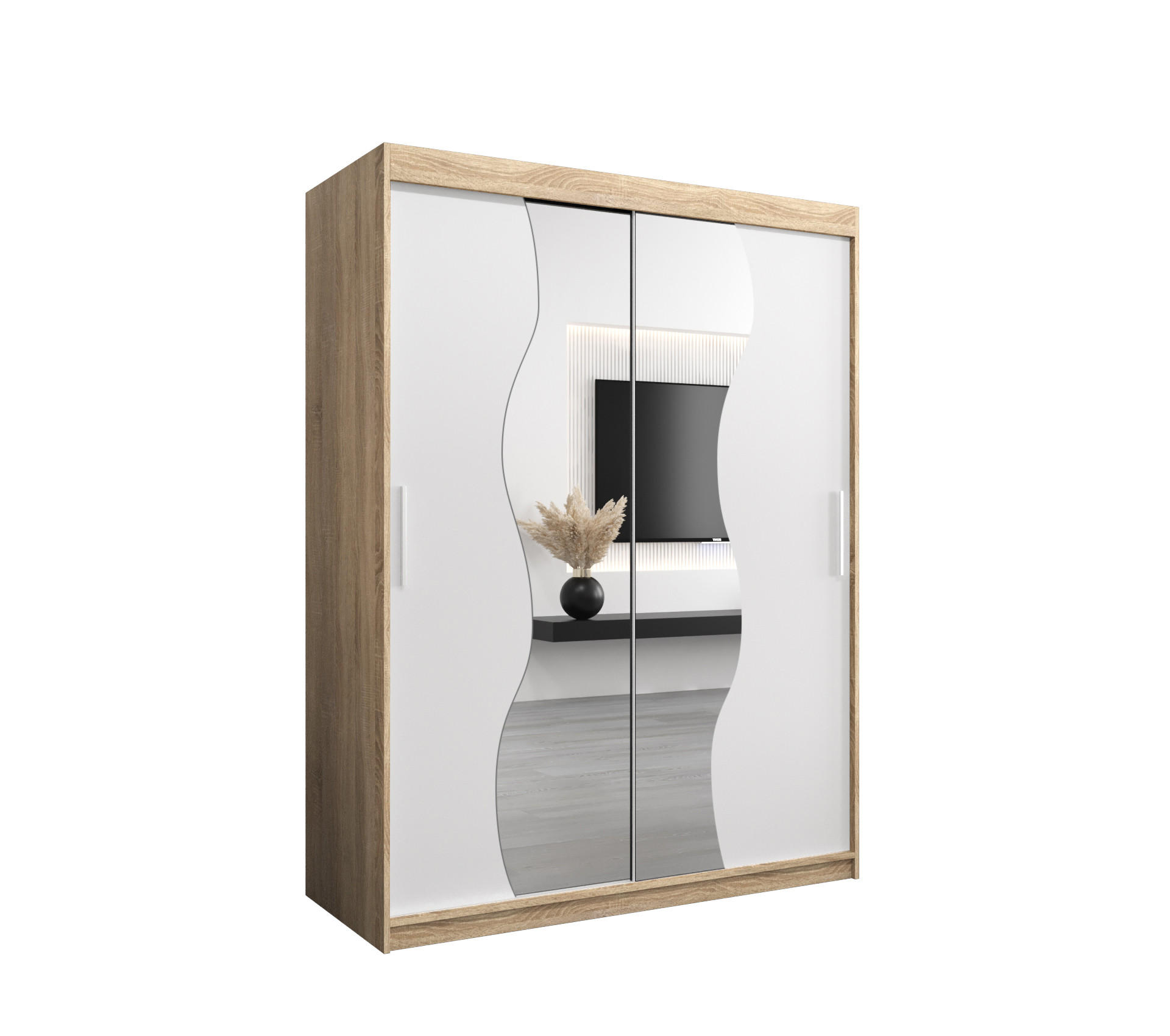 SCHWEBETÜRENSCHRANK 200/150/62 2-türig - Silberfarben/Weiß, Holz/Kunststoff (150/200/62cm) - MÖBEL KRYSPOL