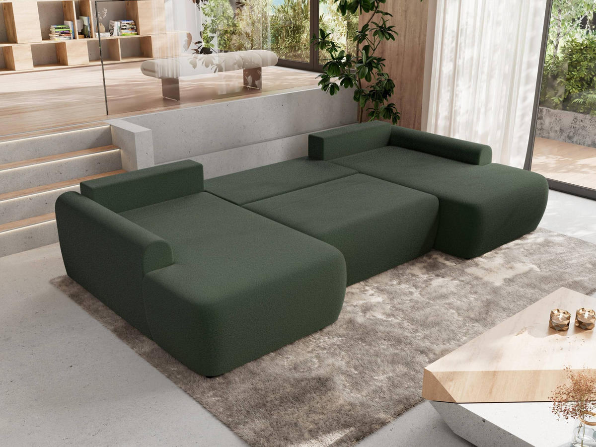 WOHNLANDSCHAFT CUBO U Dunkelgrün Boucle - Dunkelgrün/Schwarz, Kunststoff/Textil (370/100/187cm) - MKS
