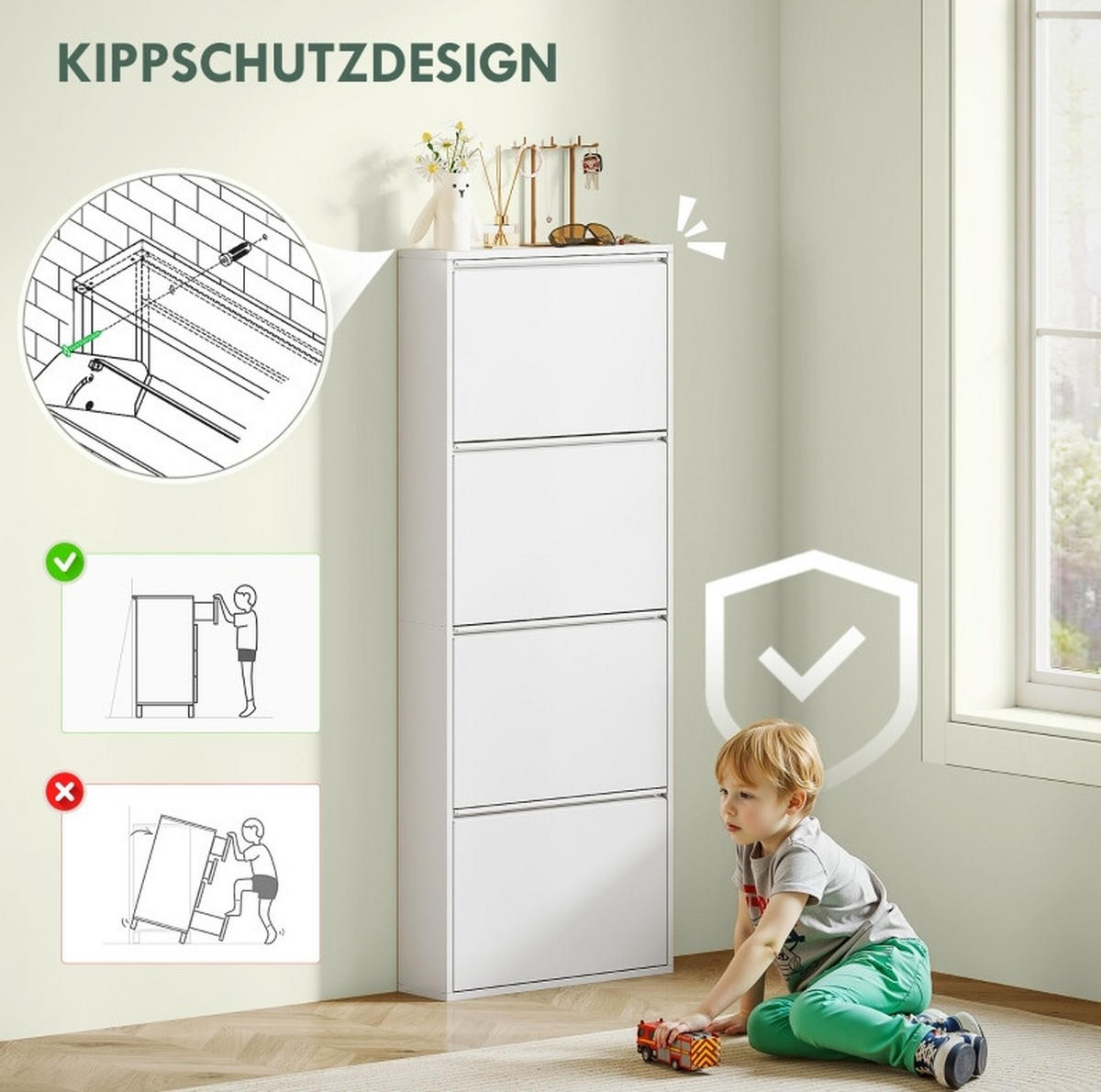 SCHUHSCHRANK 55/15/139,5 cm mit 4 Klappen, platzsparendem Metall-Design zur Wandmontage, Weiß - Weiß, Metall (55/139/15cm) - Redom