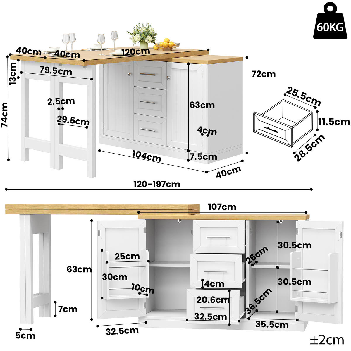 KÜCHENINSEL Ausziehbar 360° Theke Snackregal Schublade Weiß - Weiß, Holzwerkstoff (120/74/40cm) - FLIEKS