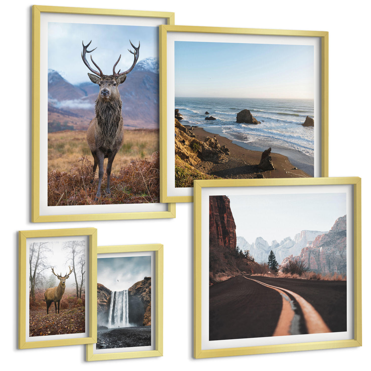 BILDER SET 5er Set - 50x50 cm & 20x30 cm & 40x60 cm Goldrahmen - Berglandschaften, Wasserfälle, Hirsche, Strände - Goldfarben, Kunststoff (40/60cm) - TULUP