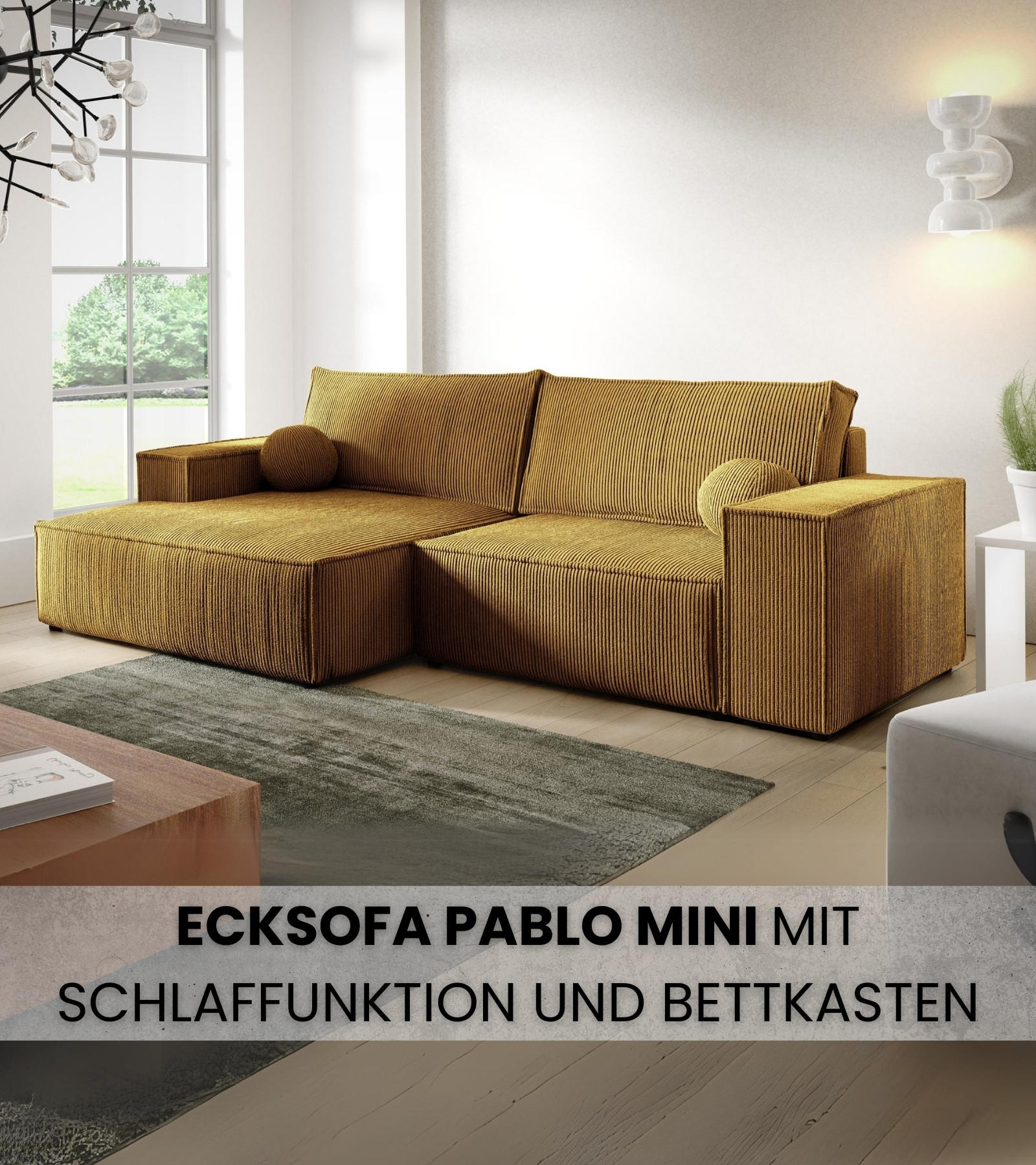 ECKSOFA Pablo Mini mit Schlaffunktion Gelb Cord - Gelb, Textil (255/148cm) - Bromarkt