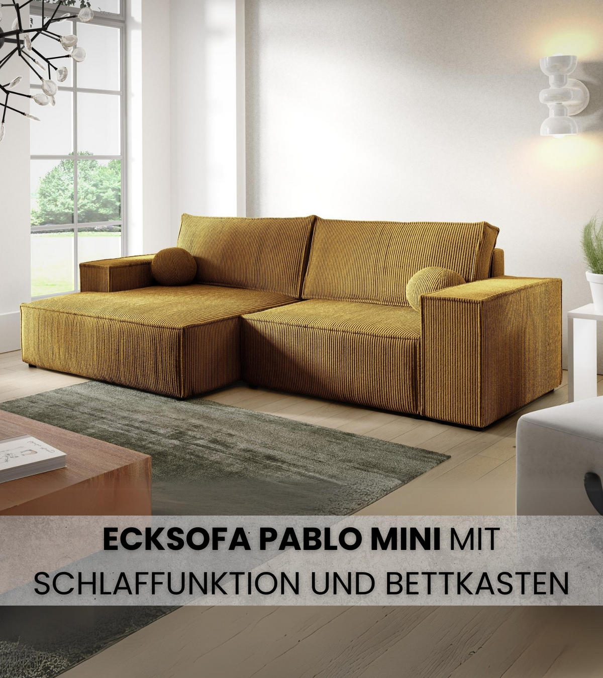 ECKSOFA Pablo Mini mit Schlaffunktion Gelb Cord - Gelb, Textil (255/148cm) - Bromarkt
