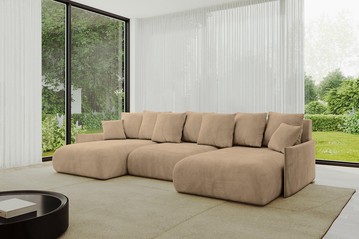 WOHNLANDSCHAFT mit Schlaffunktion und Bettkasten ONESK-U-v1 317x177x72 Beige Velours - Beige, Holzwerkstoff/Kunststoff (317/72/177cm) - ALTDECOR