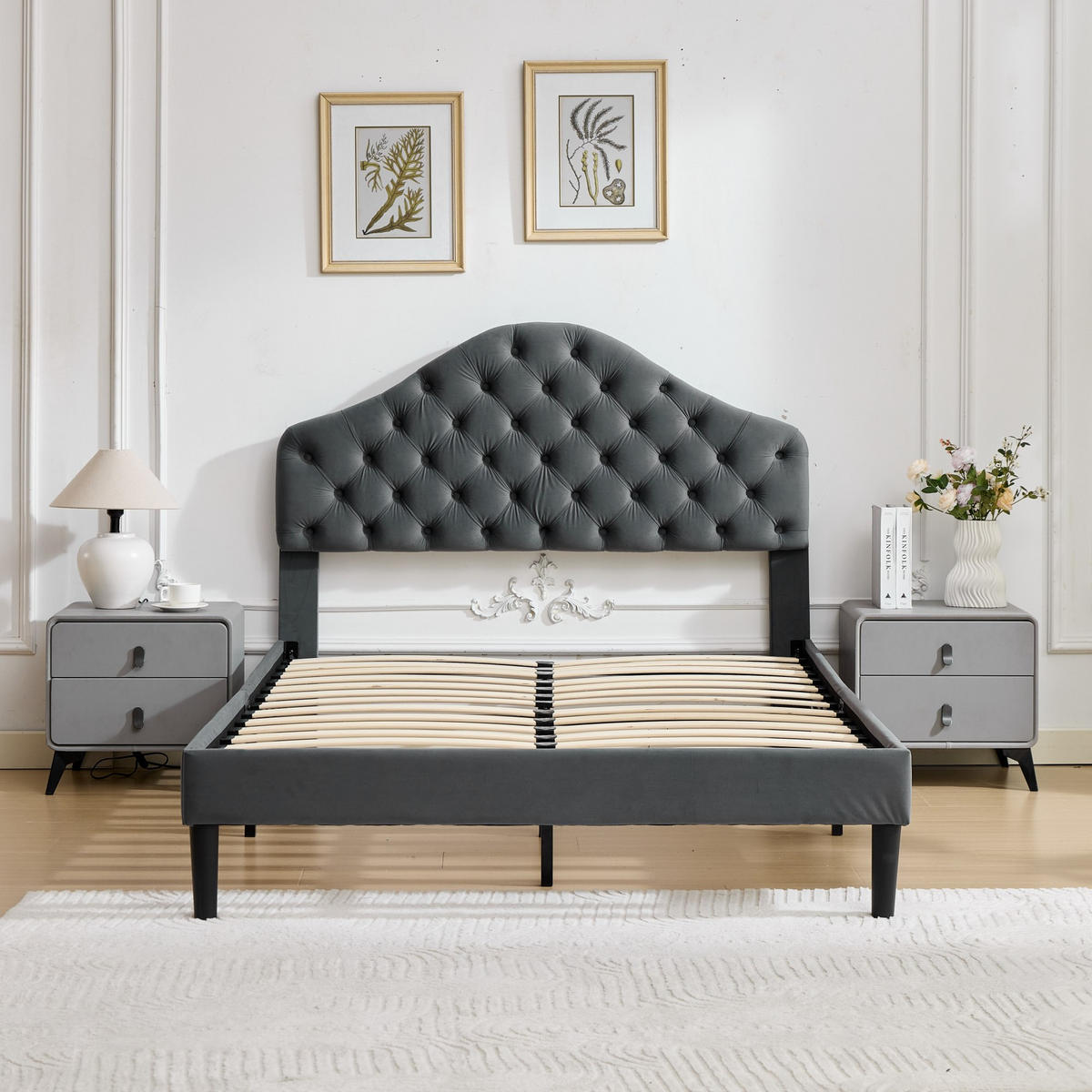 BETT mit verstellbarem Kopfteil 140x200 cm Samt Grau - Grau, Holz (140/200cm) - Meubliv