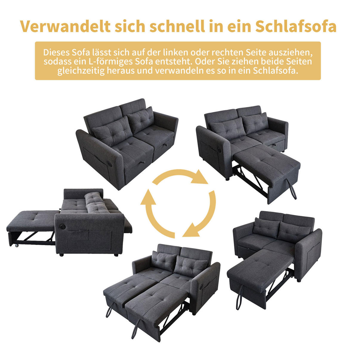 SCHLAFSOFA 3-in-1 Baumwoll-Leinen mit verstellbarer Rückenlehne und USB-Anschluss Grau 142/85/83 cm - Grau, Textil (85/83/142cm) - Redom