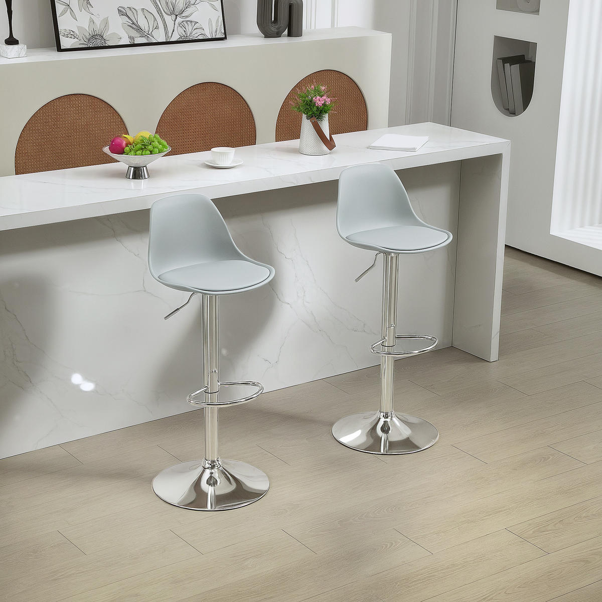 BARHOCKER 2er Set, Gepolstert Barstuhl mit Stahlgestell, Lehne für Küche Grau - Grau, Leder (42/104/38cm) - HOMCOM