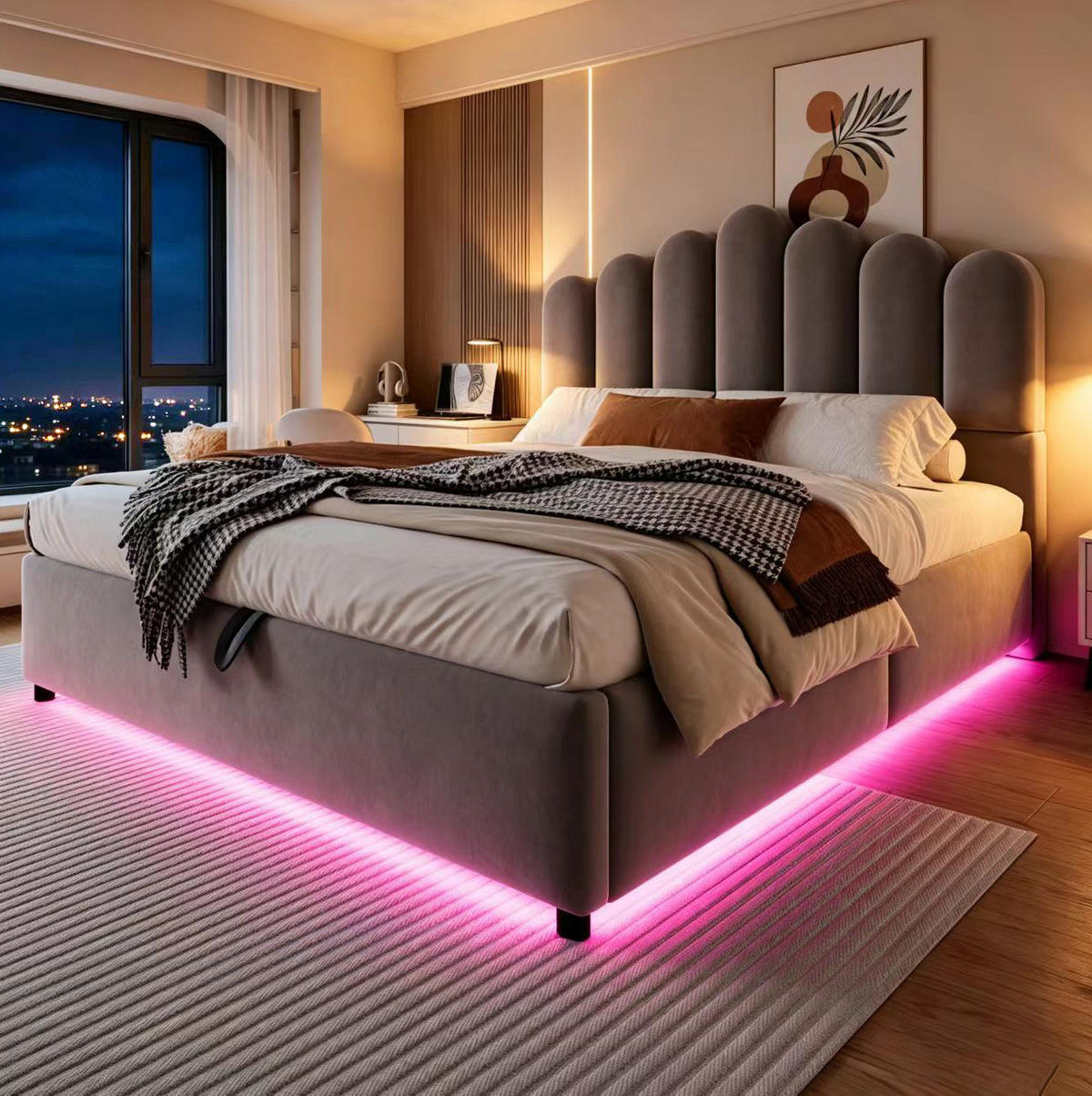 POLSTERBETT 140/200 cm aus Samt mit LED-Lichtleiste, Stauraum, Grau - Grau, Textil (140/200cm) - OKMYHOME