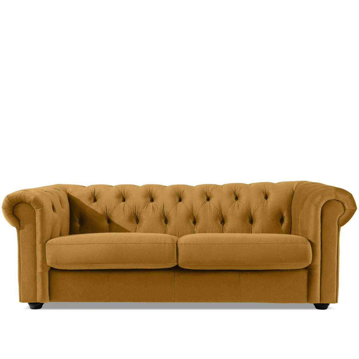3-SITZER-SOFA GRAVO Chesterfield, Velours - Wengefarben/Gelb, Leder/Holz (202/72/95cm) - KONSIMO®