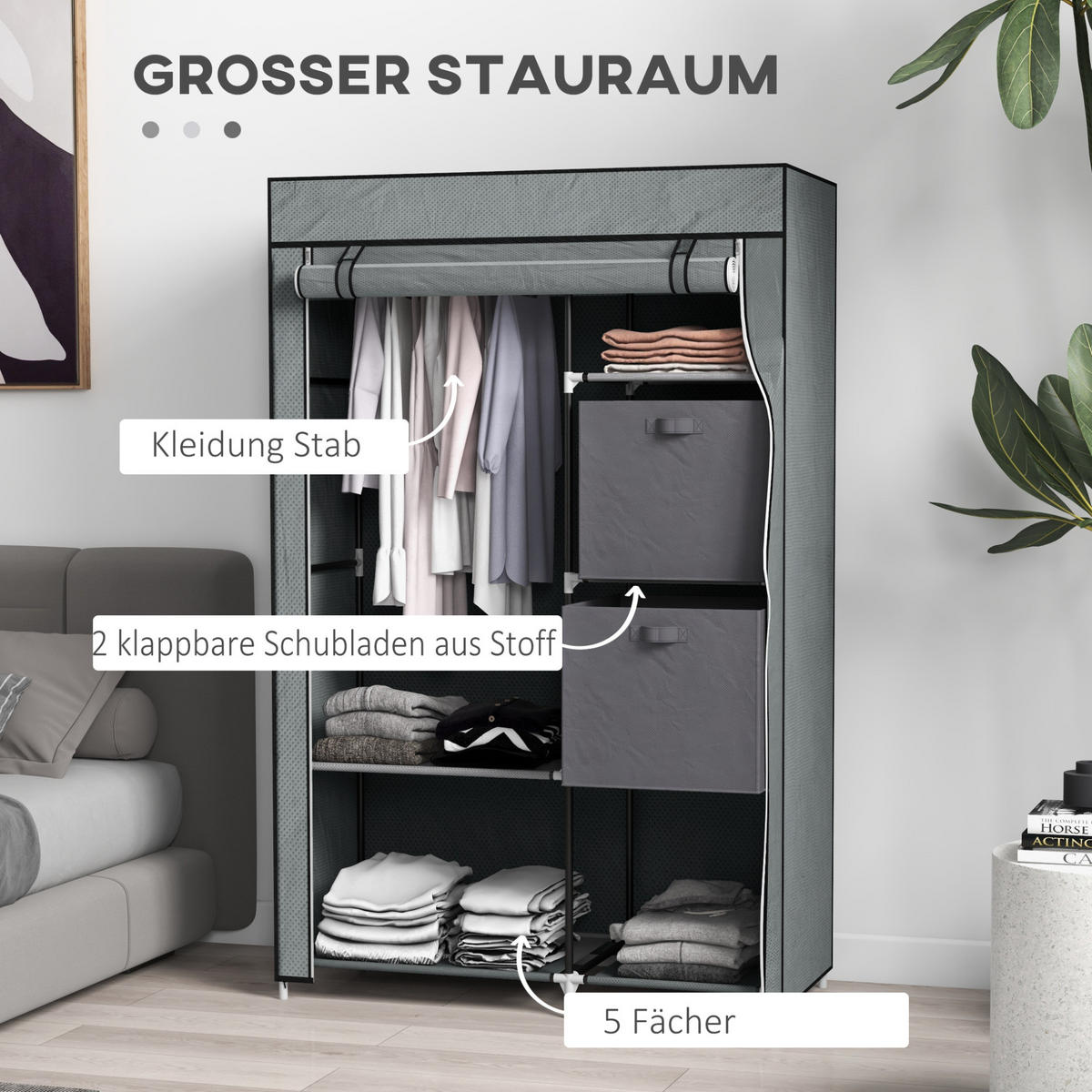 KLEIDERSCHRANK 102/162,5/42,5 cm Dunkelgrau aus Stahl mit Kleiderstange - Dunkelgrau, Metall (42.5/162.5/102cm) - OKMYHOME