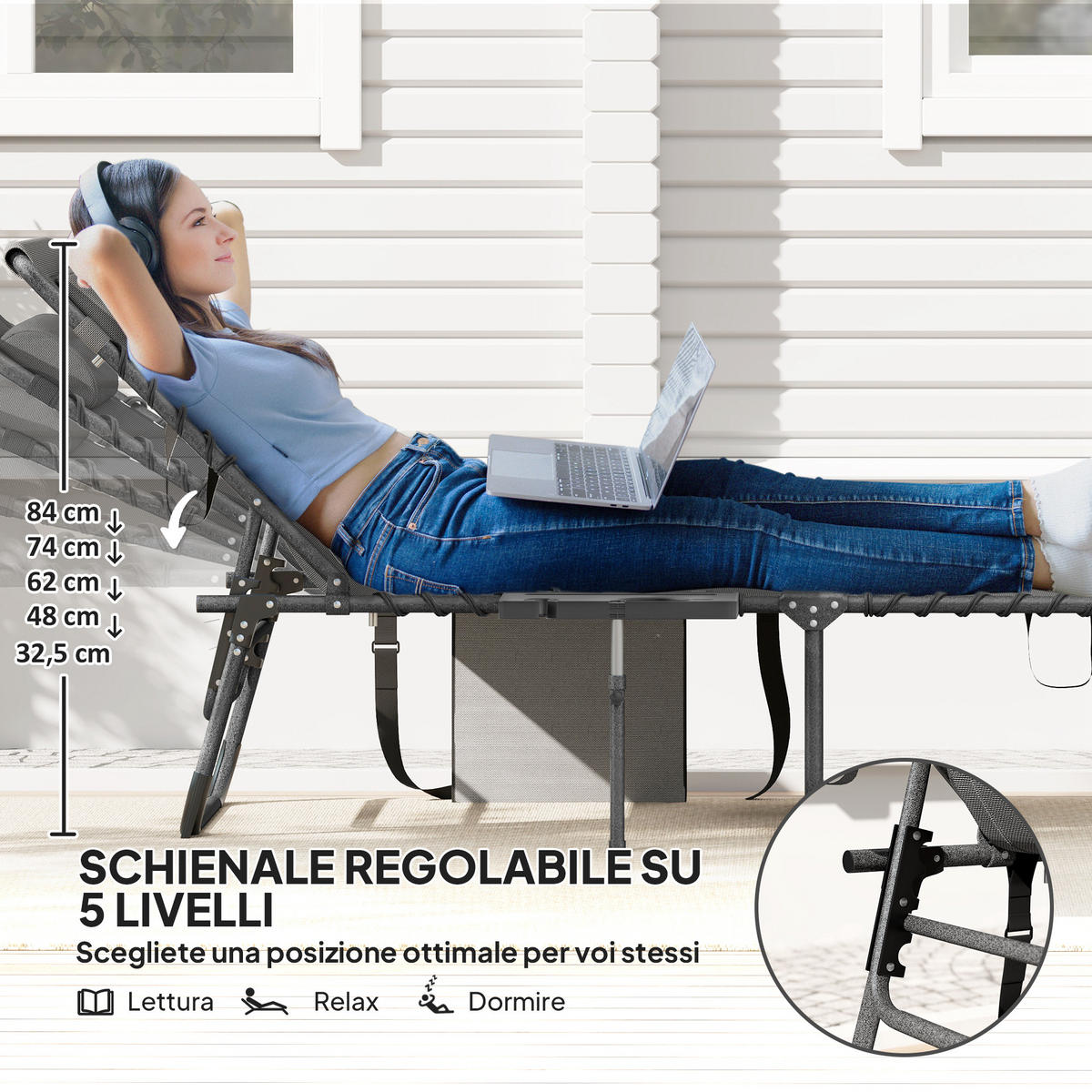 SONNENLIEGE Klappbare und verstellbare 5-stufige mit Beistelltisch und Tasche Grau und Schwarz 60 x 190 x 31 cm - Grau, Metall (60/31/190cm) - Vallsero