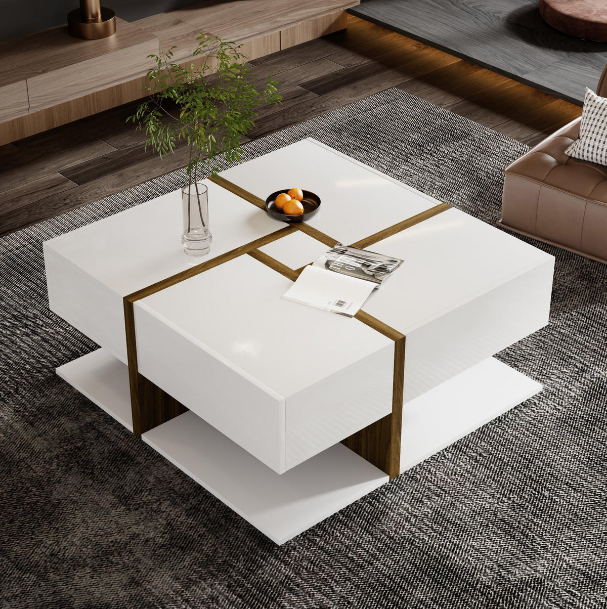 COUCHTISCH aus Spanplatte 78x78x34,8 cm in Weiß mit 4 Schubladen - Weiß, Holzwerkstoff (78/78/34.8cm) - Modfu