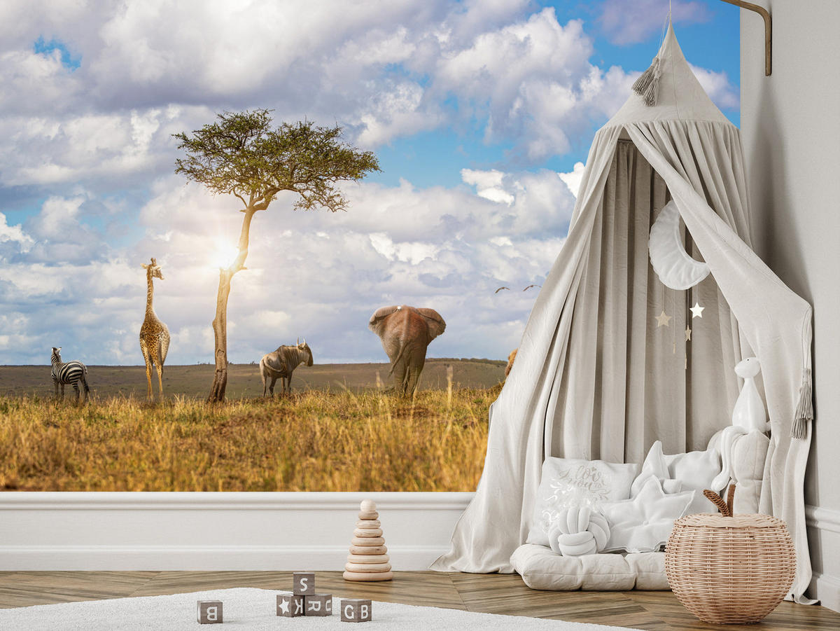 FOTOTAPETE für Kinderzimmer Safari Tiere Elefant Giraffe Löwe 300x210 - Beige/Braun, Papier (300/210cm) - Muralo