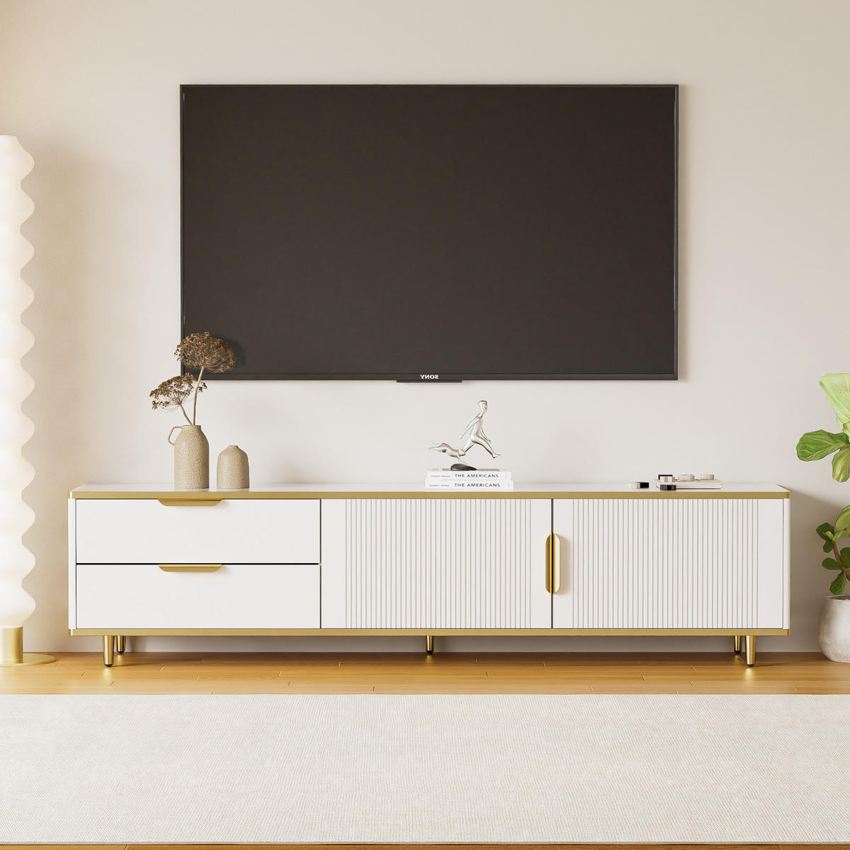 TV Lowboard 2 Türen, 2 Schubladen, goldene Füße, Weiß - Weiß, Holz (175/45/40cm)
