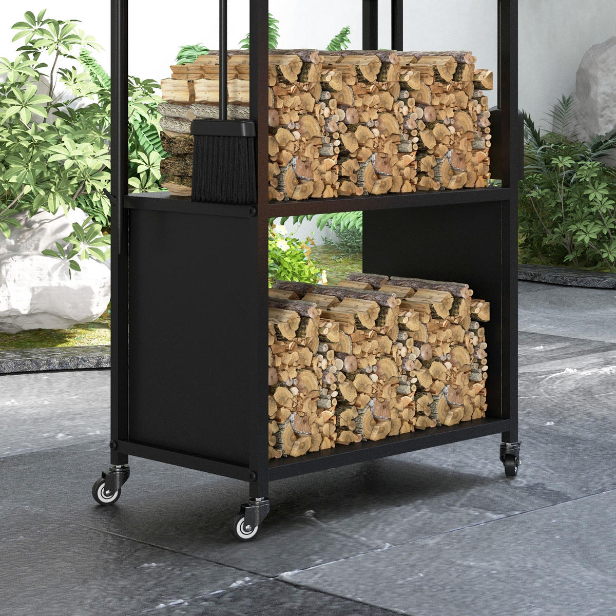KAMINHOLZREGAL DE-18361 4-stufig mit Rollen & 4 Kaminwerkzeugen Schwarz - Schwarz, Metall (30/118/45cm) - ComfortXL