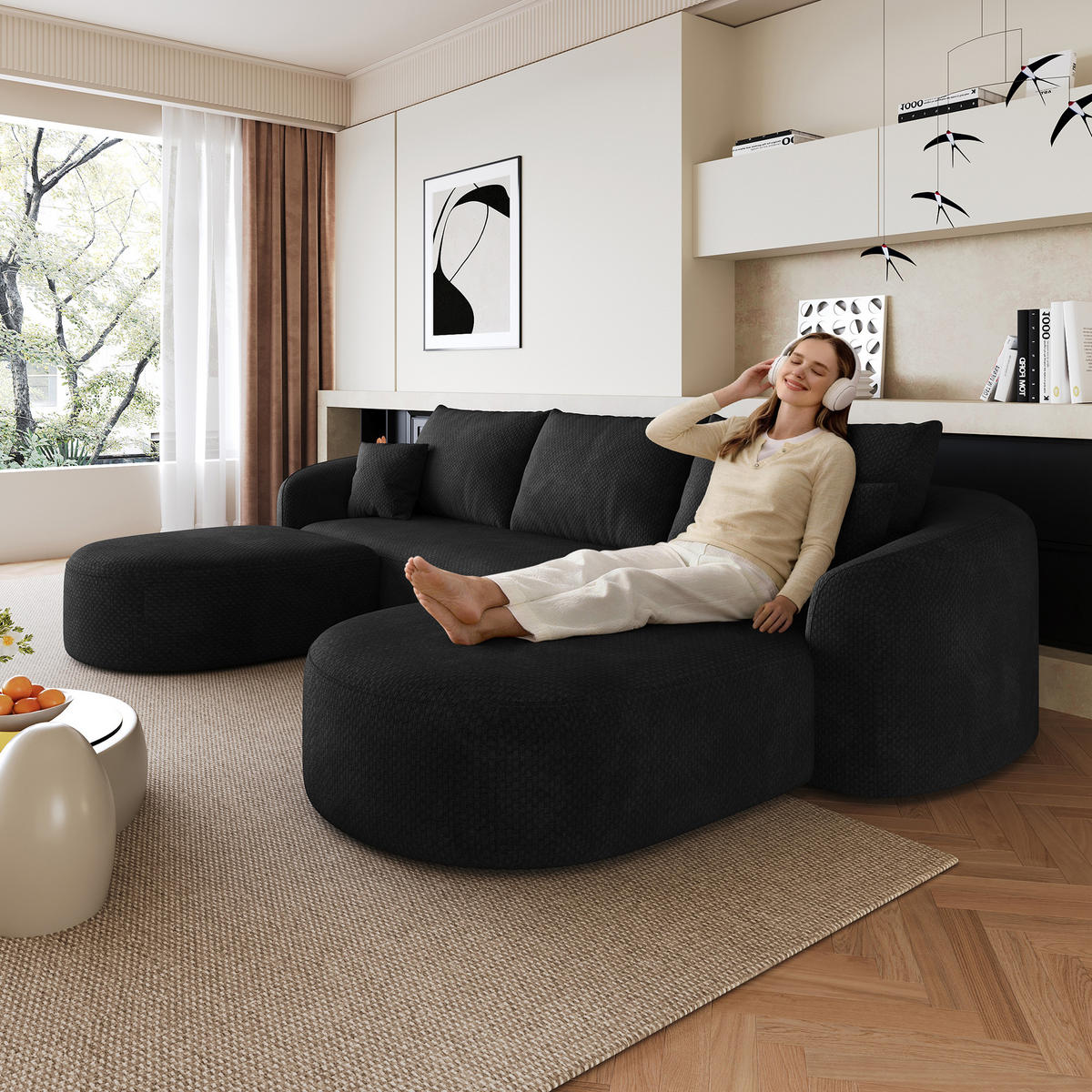 WOHNLANDSCHAFT Schwarz 266/168/85 cm 5-Sitzer Modular Chenillebezug - Schwarz, Textil (266/85/168cm) - PANGIVO