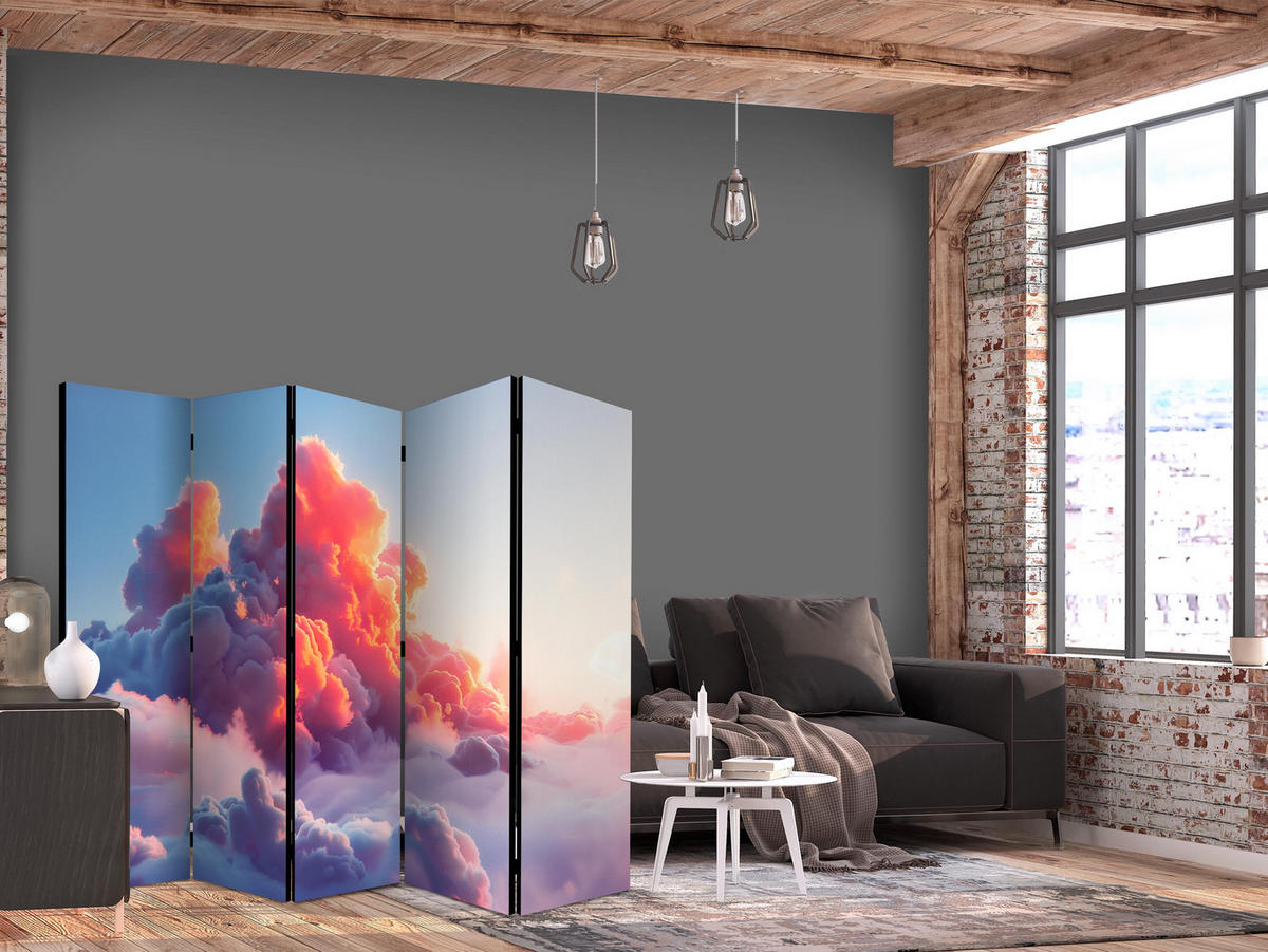 PARAVENT Beidseitig Bedruckter 5-tlg 225x172 cm Wolken Himmel 3D - Rot, Holz/Textil (225/172/3cm) - Muralo