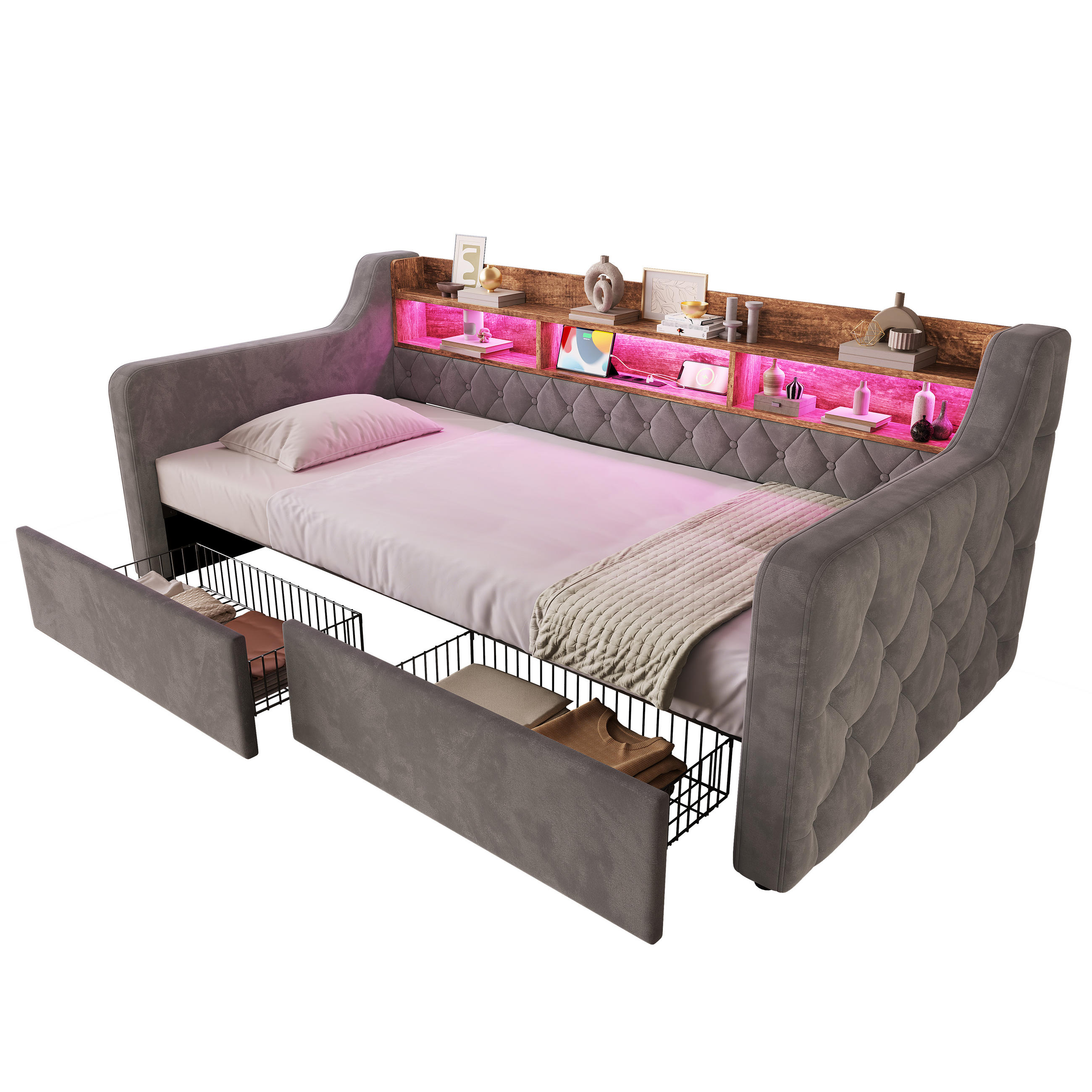 TAGESBETT 90/190 mit Schubladen & Regal, USB-C Ladeanschlüsse/LED, Samt, Dunkelgrau - Dunkelgrau, Holz (90/190cm) - LVHOM