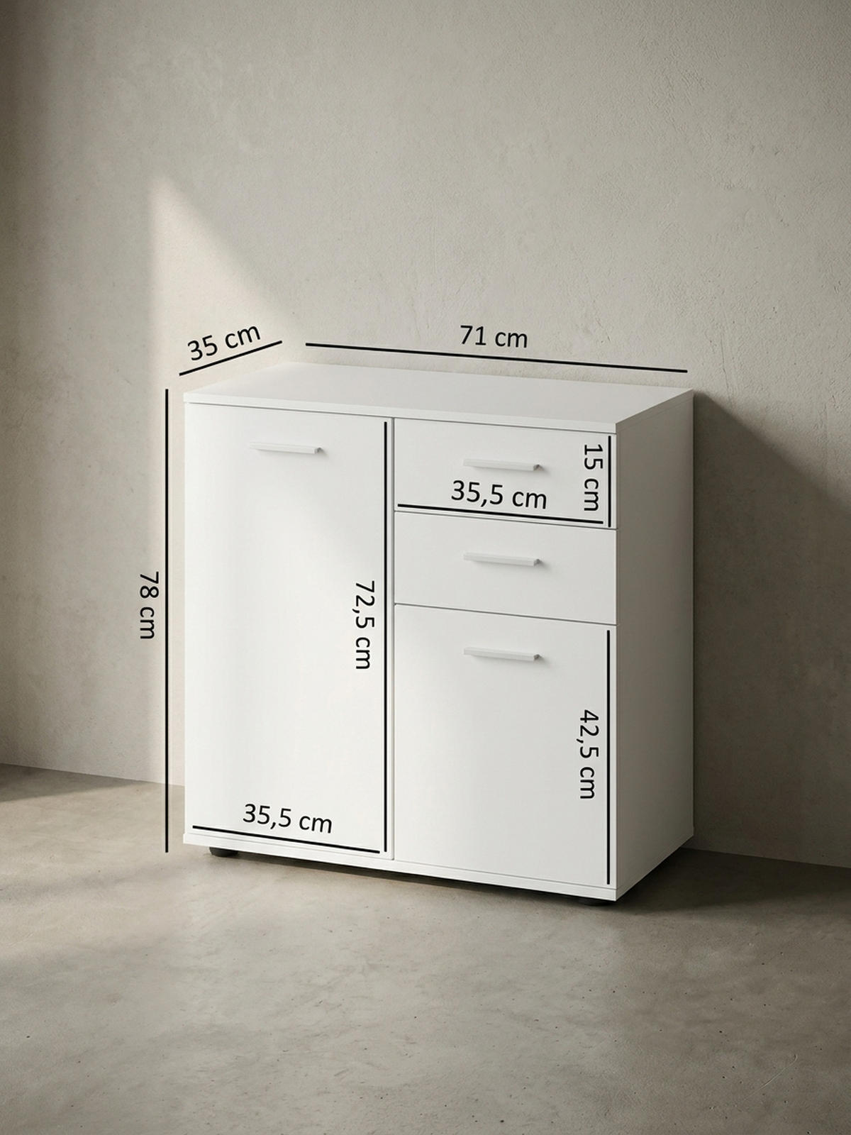 KOMMODE – Weiß, 2 Türen, 2 Schubladen, kratzfest, melaminbeschichtet - Weiß, Holz/Kunststoff (71/78/36cm) - KADIMA DESIGN