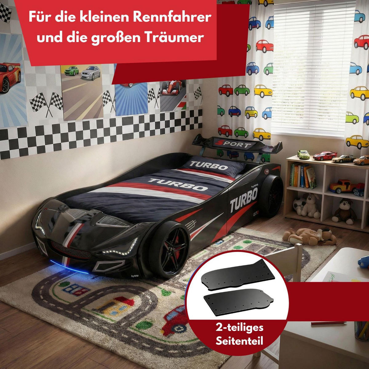 AUTOBETT GTE mit Rollrost, Licht und Sound Farbe Schwarz - Schwarz, Holzwerkstoff (90/200cm) - Coemo