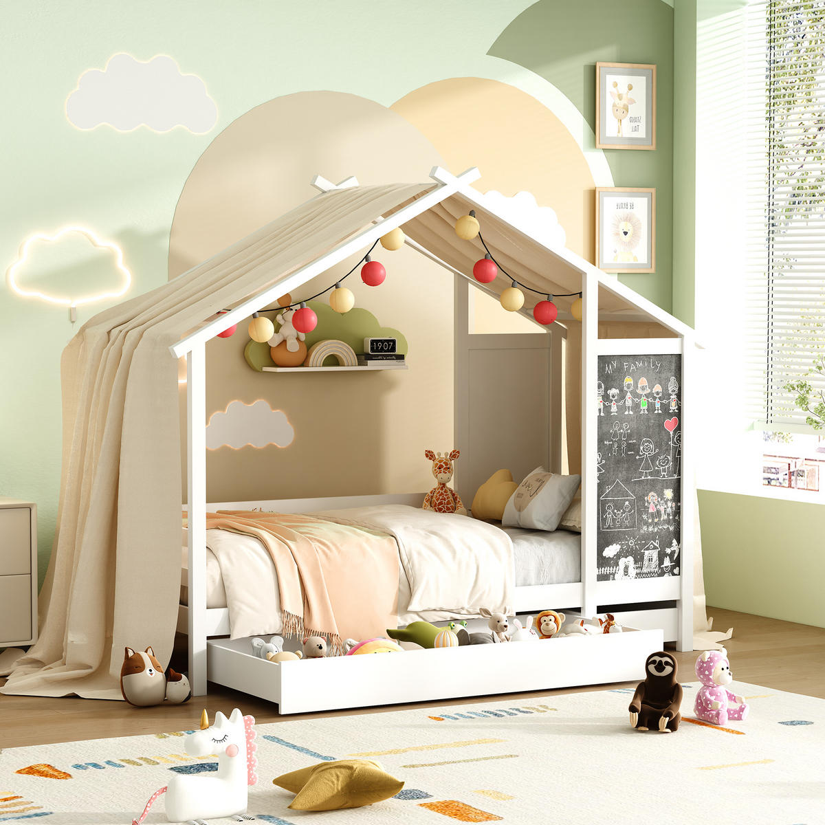 HAUSBETT 90 x 200 cm mit Tafel und 2 Schubladen, Weiß - Weiß, Holz (90/200cm)