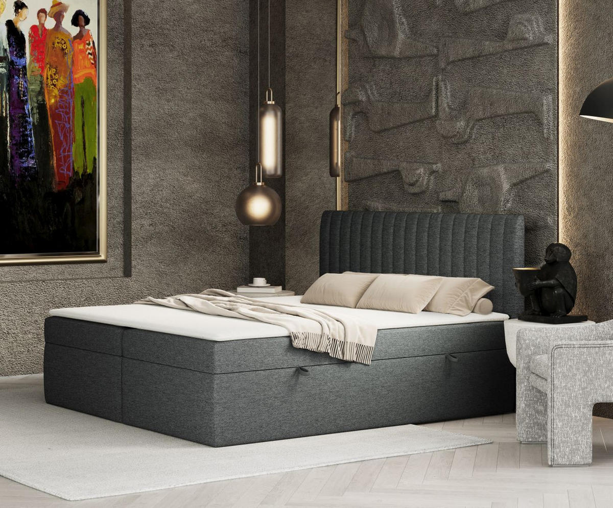 BOXBETT Spencer Anthrazit 140/200 cm mit Matratze und Topper - Anthrazit/Schwarz, Holz/Holzwerkstoff (140/200cm) - Maison de Reve