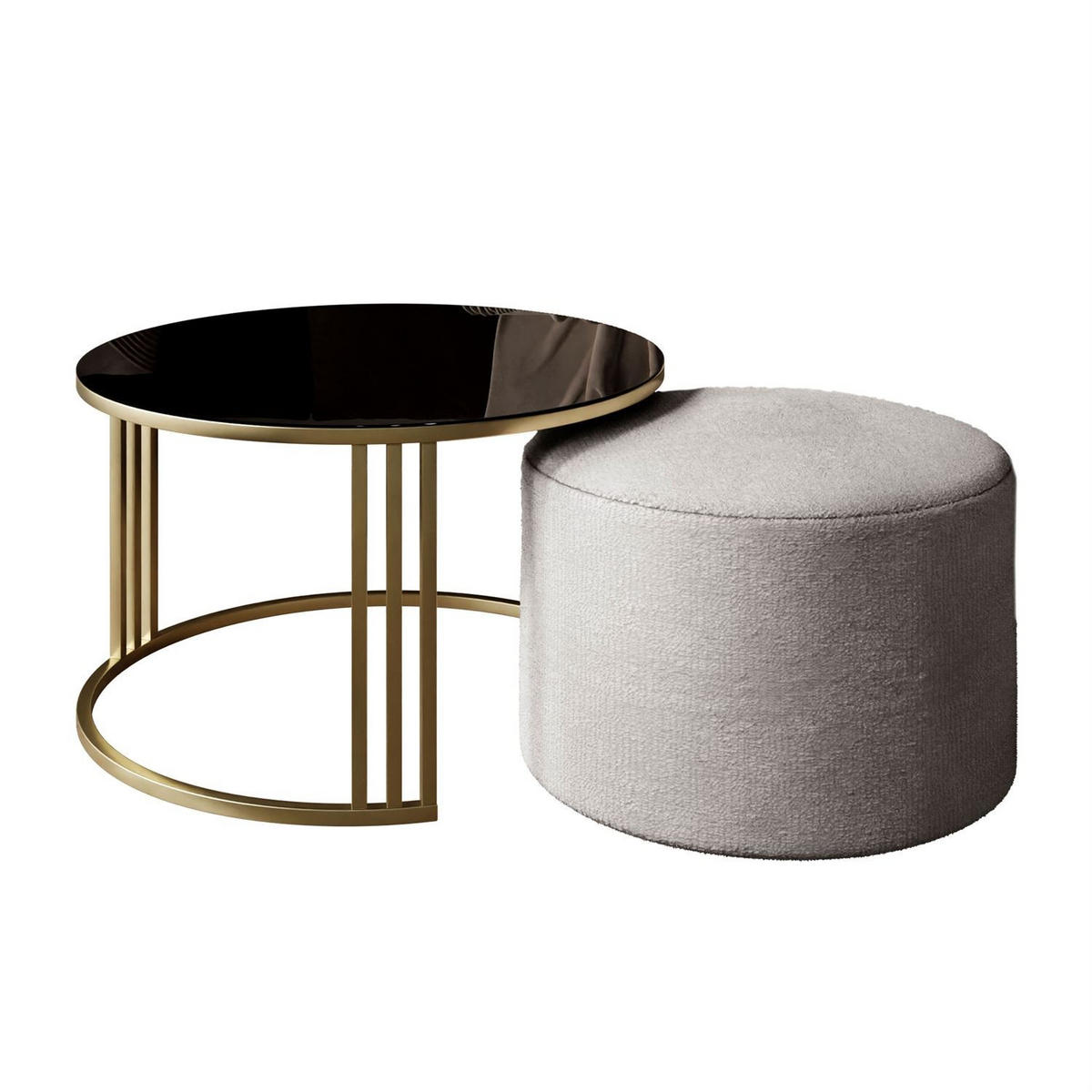 COUCHTISCH mit Hocker LORI GLASS gebürstetes Gold/schwarzes Glas/Perfect Harmony 82 - Schwarz, Metall (70/70/49cm) - Lookway