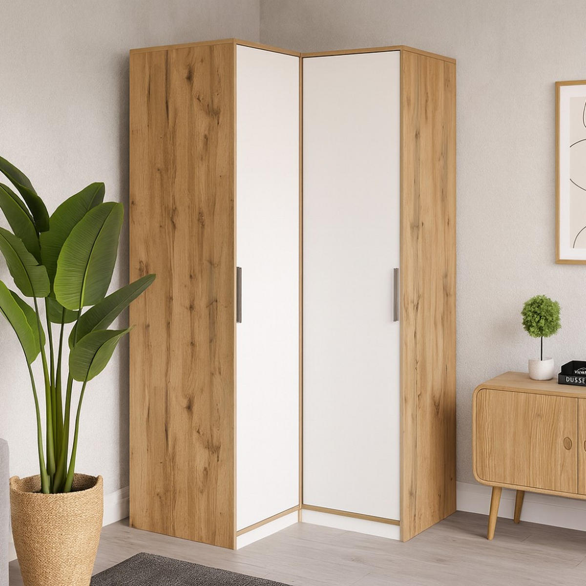 ECKSCHRANK Livo, Eckdrehtürenschrank mit 2 Türen, Weiß+eiche Viking - Eichefarben/Weiß, Holzwerkstoff (108.5/200/106.5cm) - Beautysofa