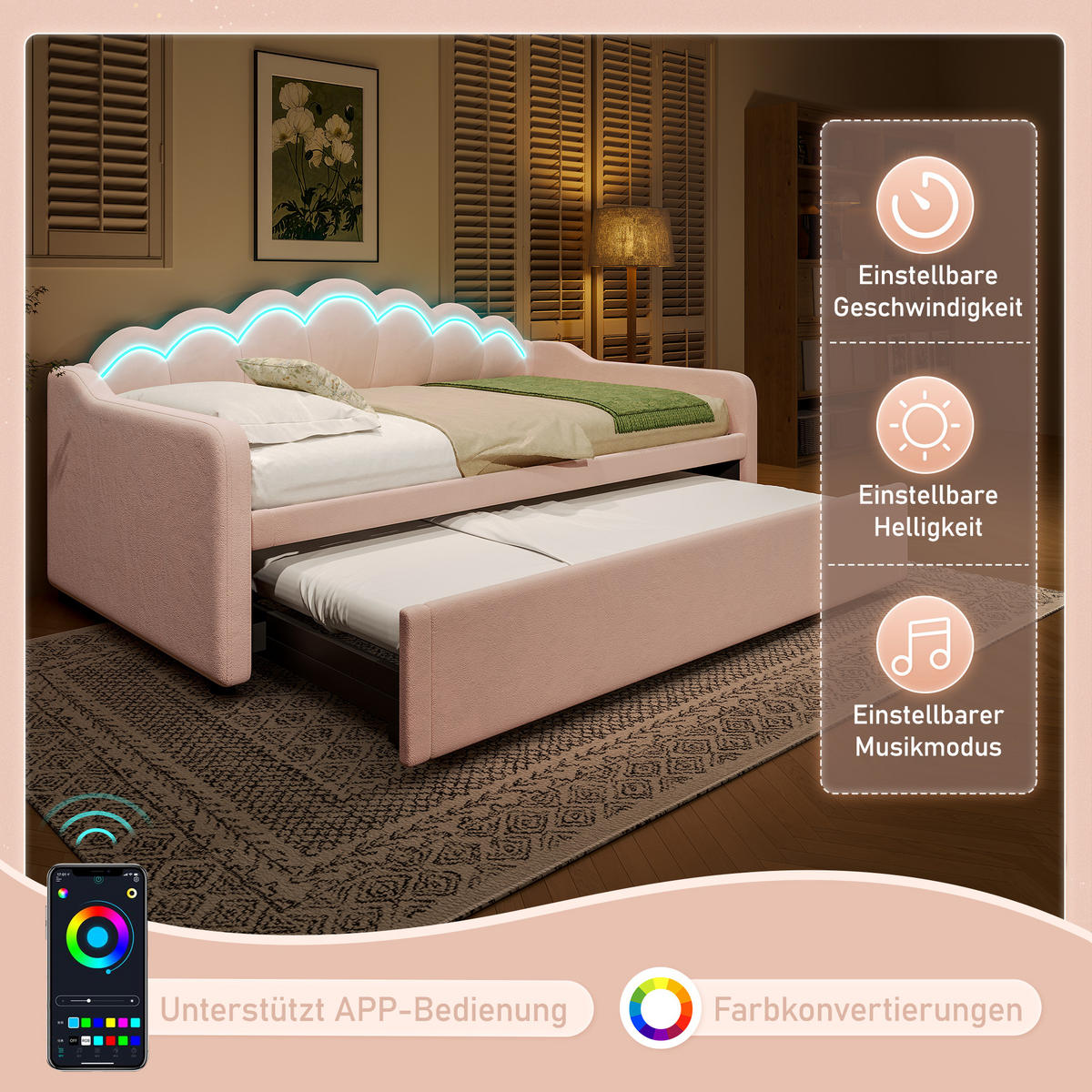 TAGEBETT 90x200cm + 180x200cm Rosa Samt Ausziehbett LED-Streifen - Pink, Holz (180/200cm) - FLIEKS