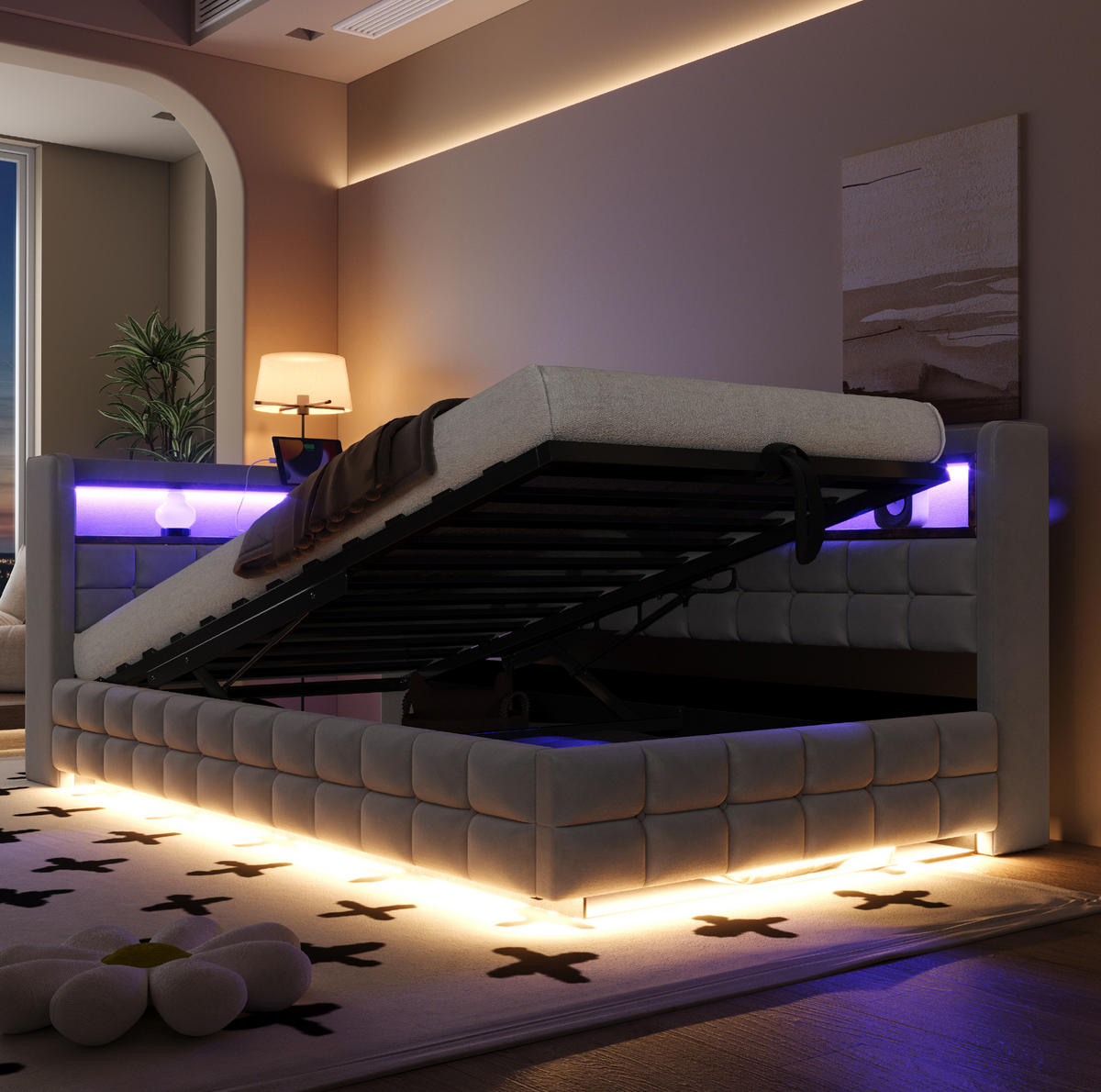 POLSTERBETT 90/200 cm Hellgrau aus Velours mit Stauraum mit LED-Beleuchtung - Hellgrau, Textil (90/200cm) - OKWISH