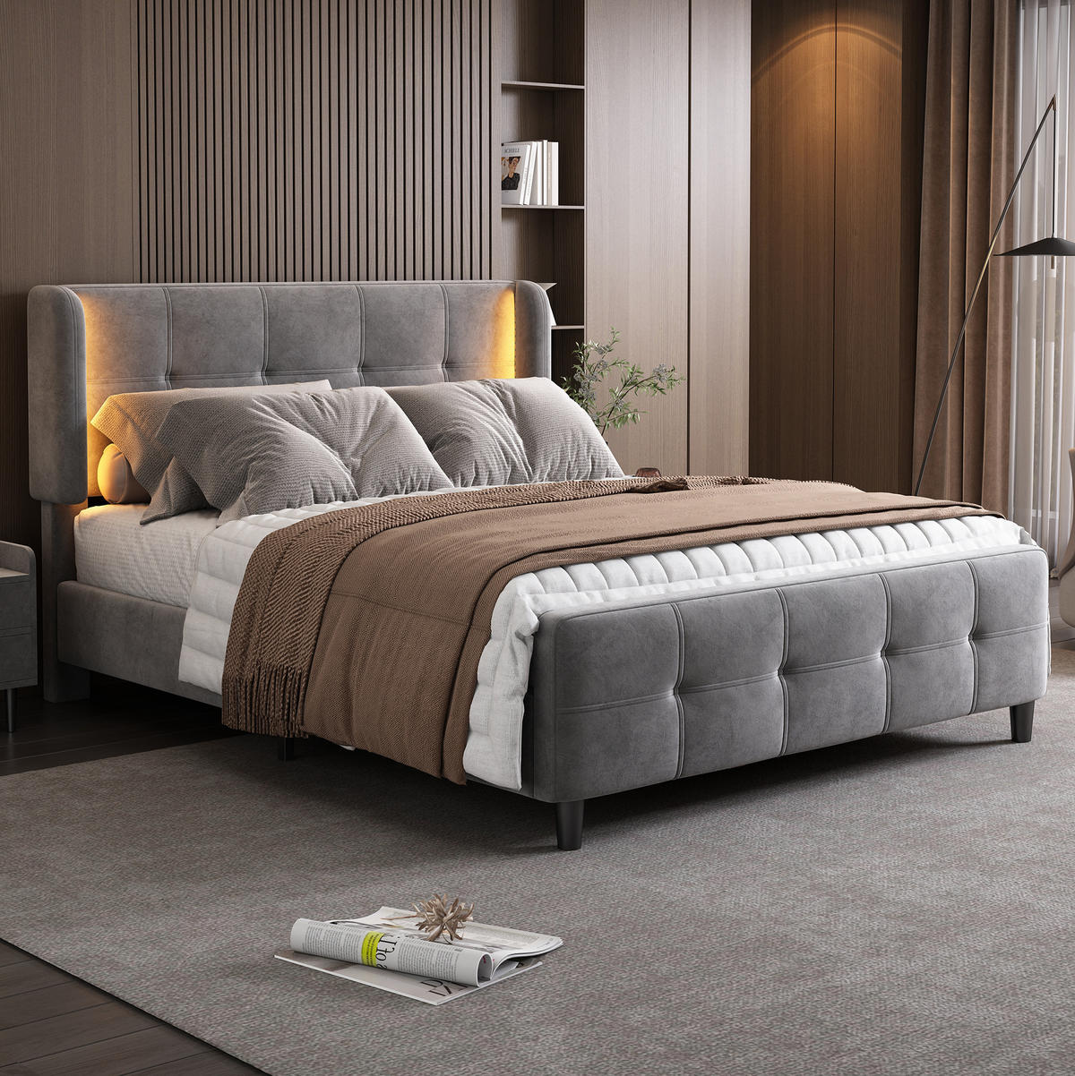 POLSTERBETT aus Samt 140x200 cm Grau mit LED-Beleuchtung und verstellbarem Kopfteil - Grau, Textil (140/200cm) - IVMEU