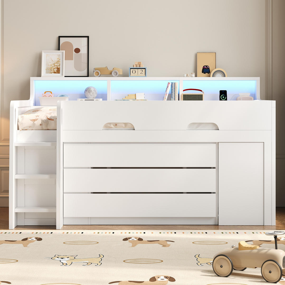 HOCHBETT 90/200 cm in Weiß aus MDF und Sperrholz mit Schubladen, Regalen, Schreibtisch und LED - Weiß, Holz/Holzwerkstoff (90/200cm) - WISHDOR
