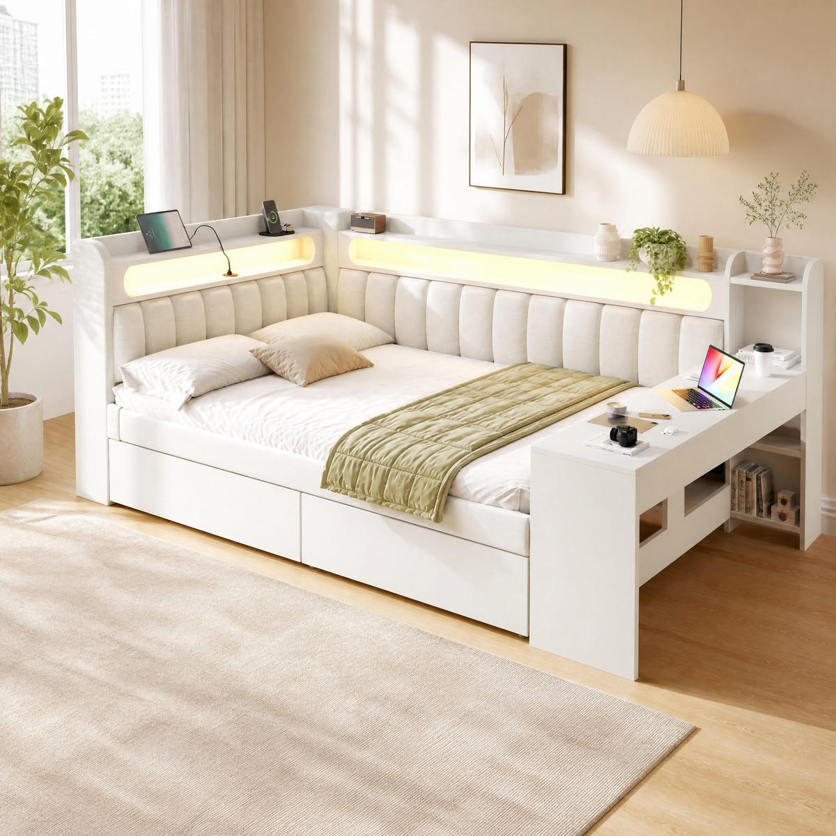DENNÍ POSTEL 140/200 cm v bílé barvě s LED osvětlením, USB a 2 zásuvkami - bílá, kov/kompozitní dřevo (140/200cm) - CHICFURN