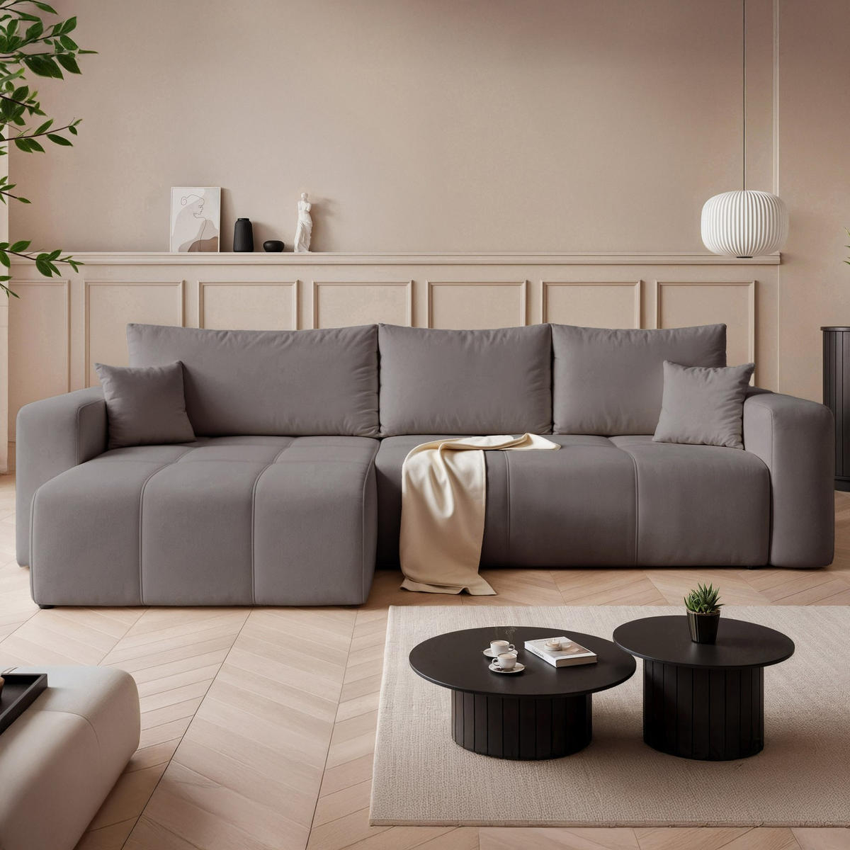 ECKSOFA XL Velours mit Bettkasten und Schlaffunktion - Dunkelgrau, Holzwerkstoff/Textil (278/145cm) - Idohome