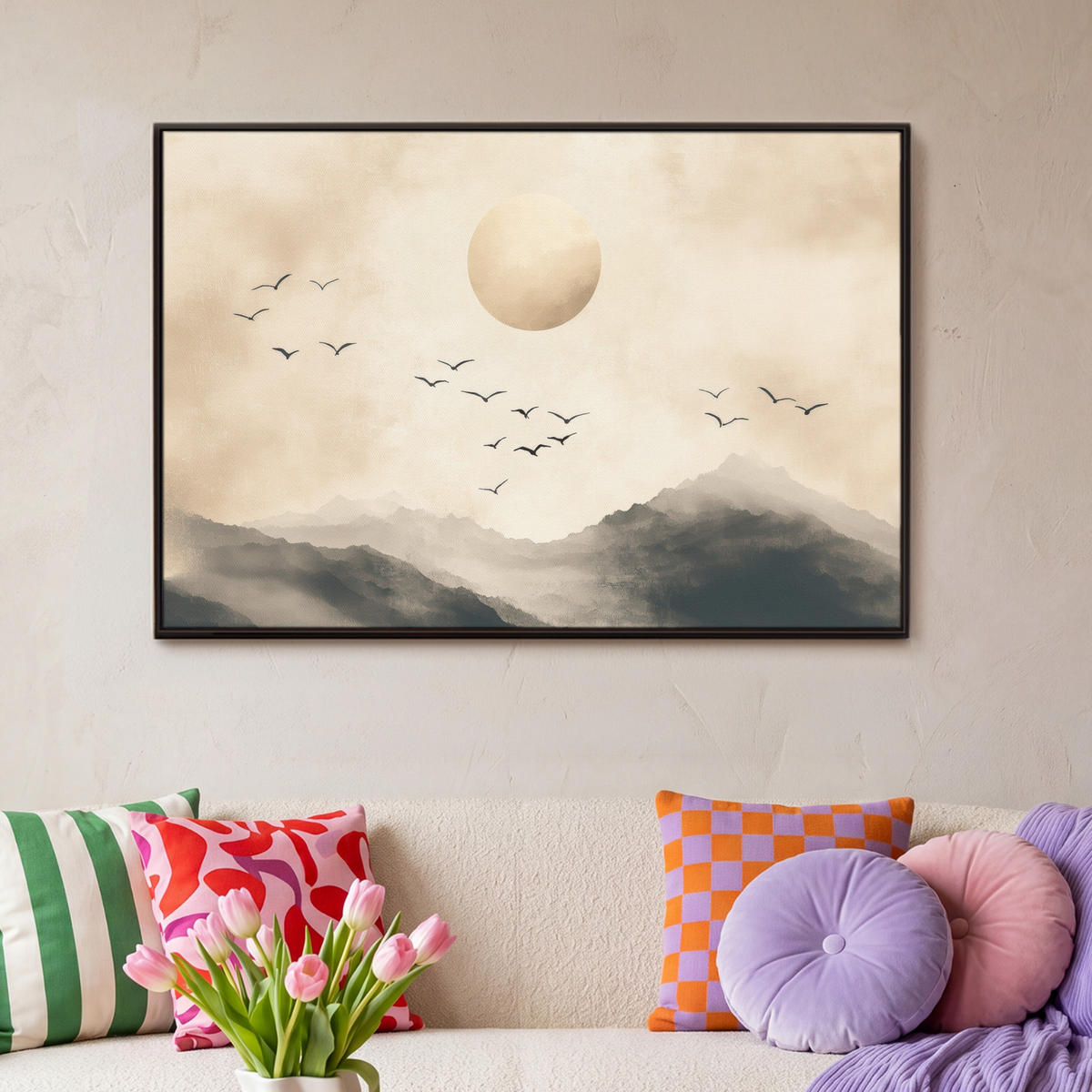 LEINWAND Bilder mit Rahmen - Landschaft - Japandi - Vogel - 90x60 - Beige, Textil (90/60cm) - MuchoWow
