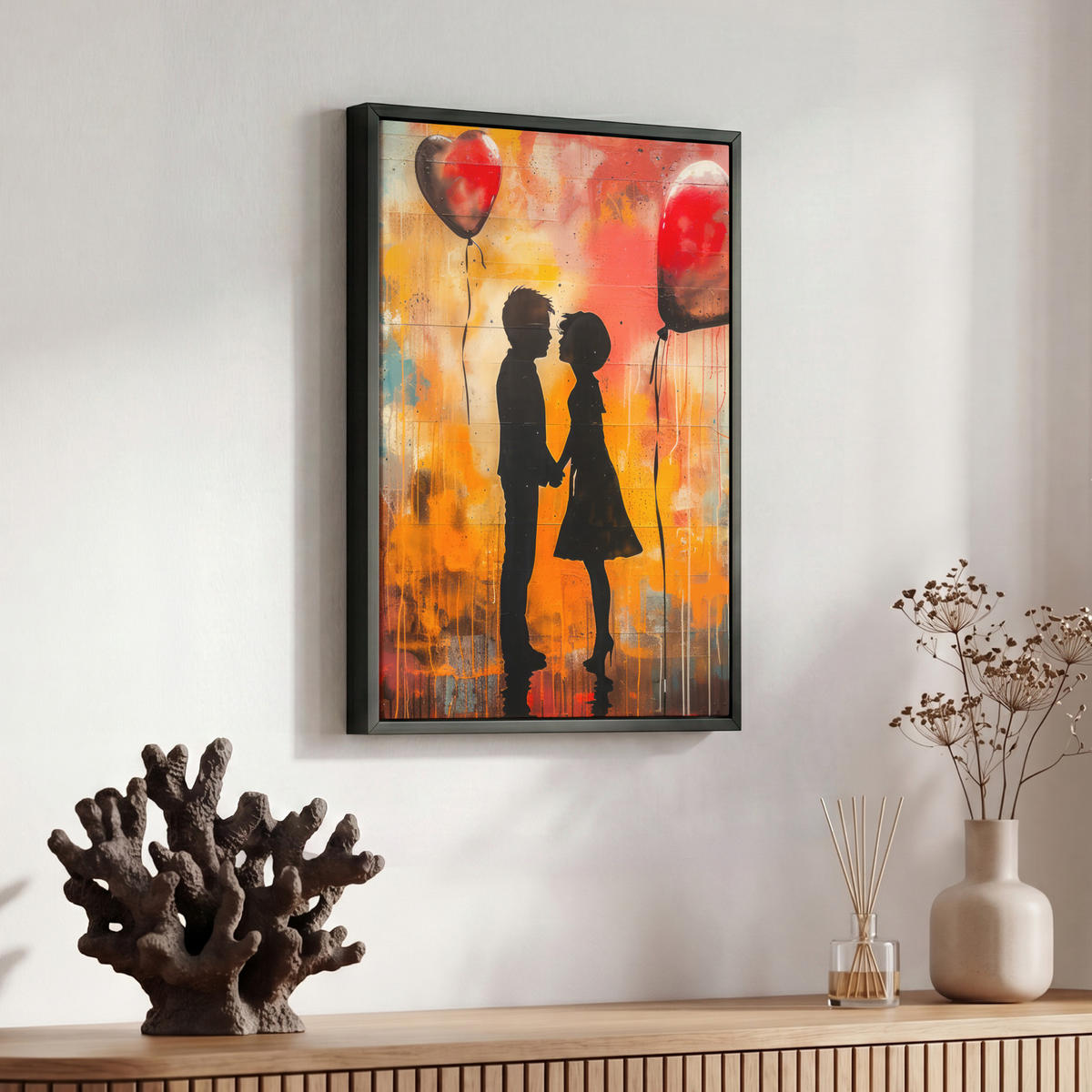 LEINWAND Bilder mit Rahmen - Straßenkunst - Liebe - Graffiti - Kunst - Banksy - 30x40 - Orange, Textil (30/40cm) - MuchoWow