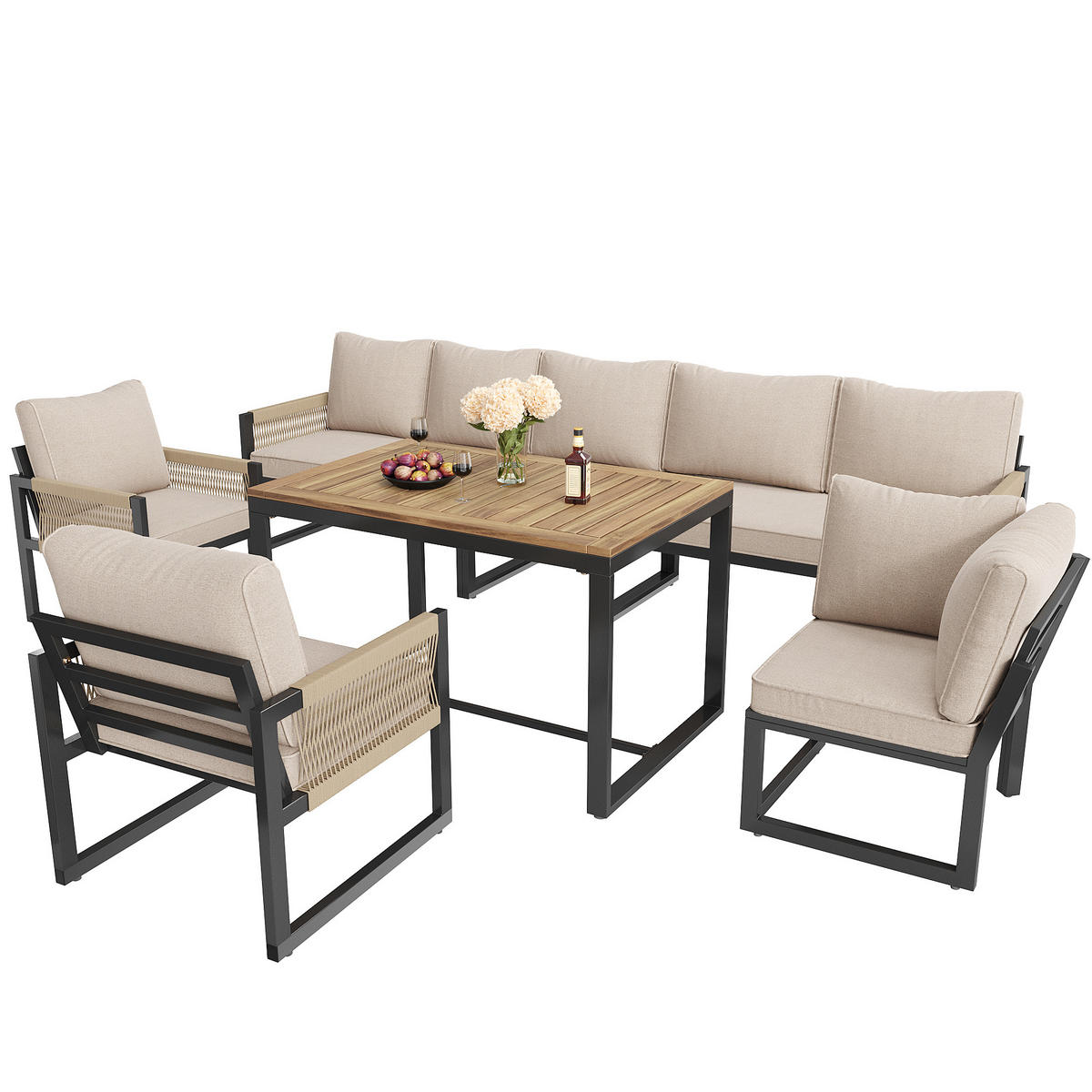 GARTENMÖBEL-SET mit Tisch & modularen Sitzen, 100/58/67 cm, Beige - Beige, Metall - Redom