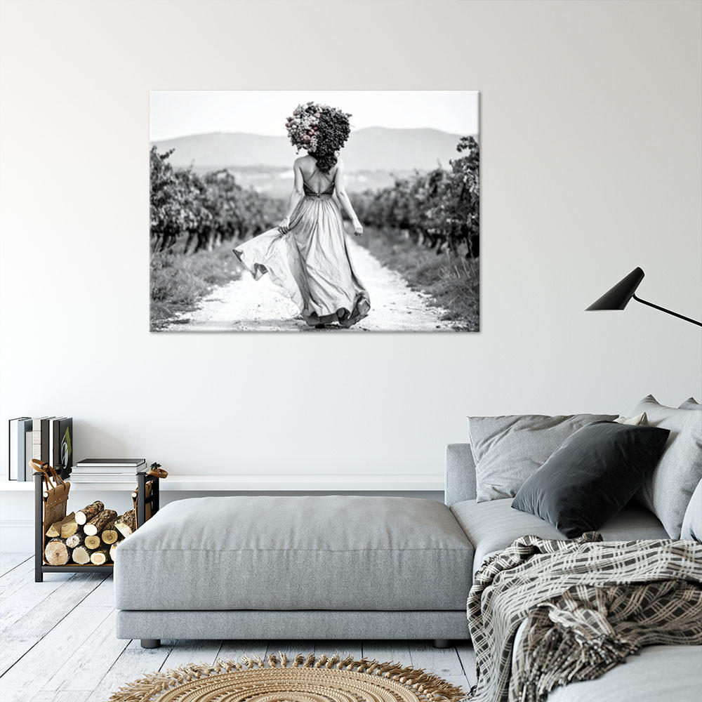 LEINWANDBILD Frau mit Früchten auf dem Kopf 100x70cm - Schwarz, Textil (100/70cm) - Feeby