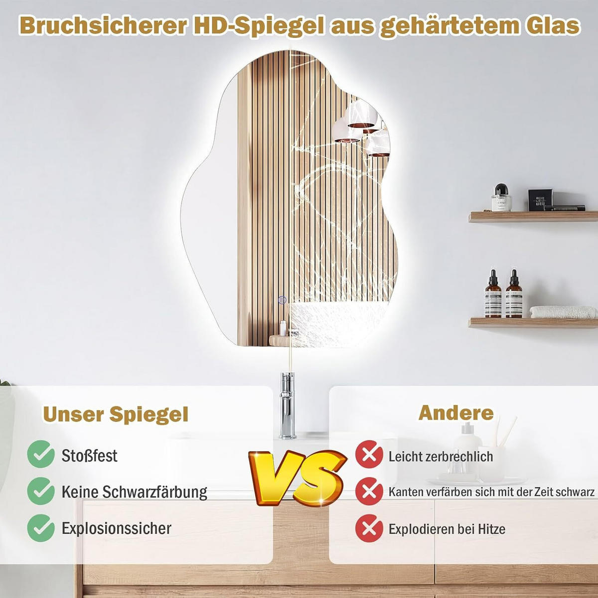 BADSPIEGEL mit Beleuchtung silber - Silberfarben, Glas (50/70/3.5cm) - COSTWAY