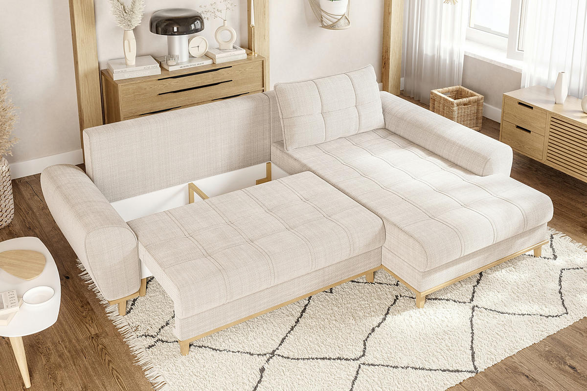 ECKSOFA im Scandi-Stil, Schlaffunktion, Bettkasten B268/T175/H86 cm, Ottomane rechts, Liegefl. 128x209 cm, Bouclé Chenille Stoff in Beige / 21013 - Eichefarben/Beige, Holz/Textil (268/175cm) - luma-home